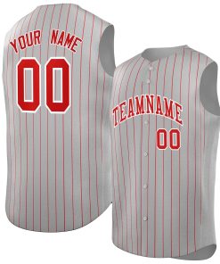 Custom Gray Red-White Sleeveless Stripe Fashion Baseball Jersey