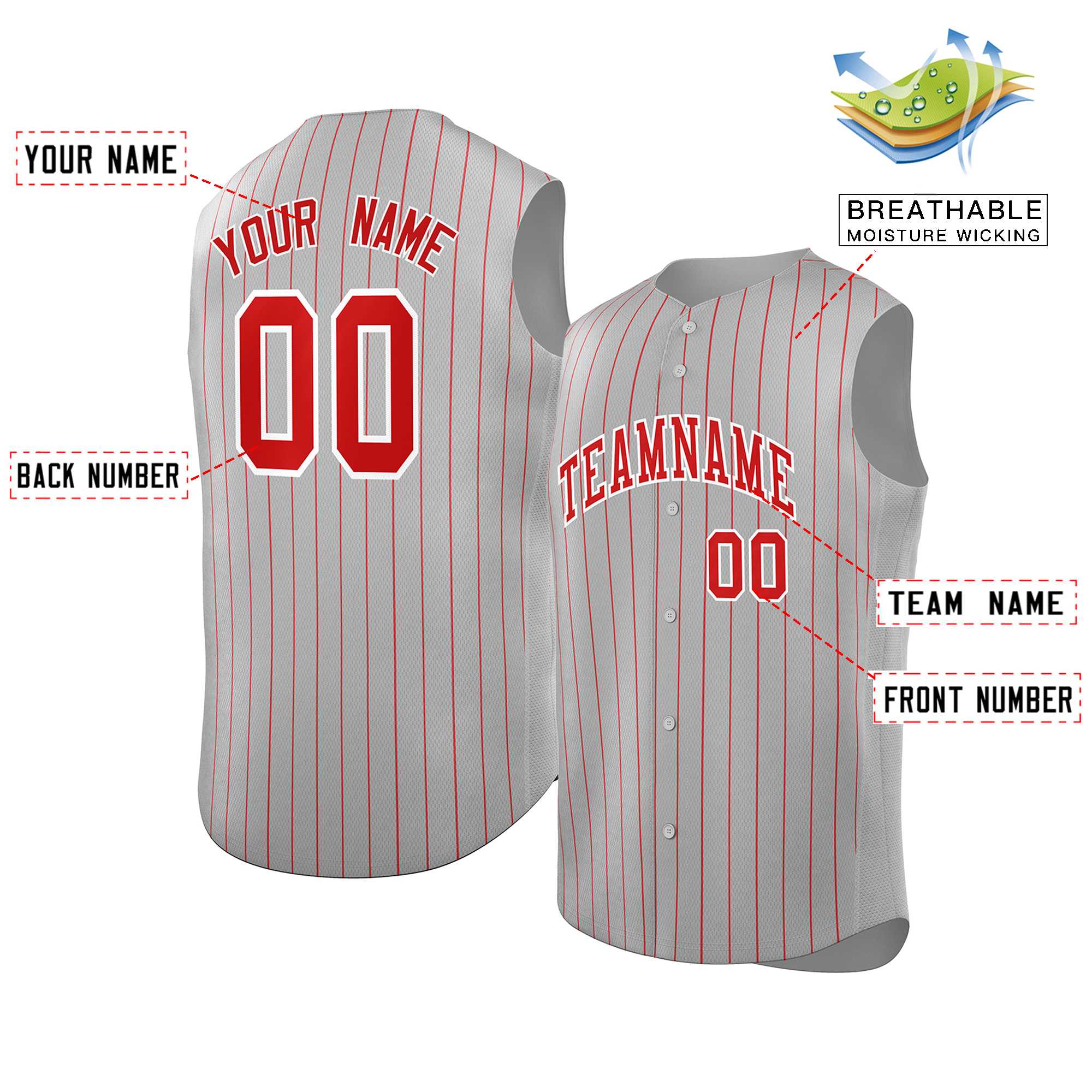 Custom Gray Red-White Sleeveless Stripe Fashion Baseball Jersey - Image 2