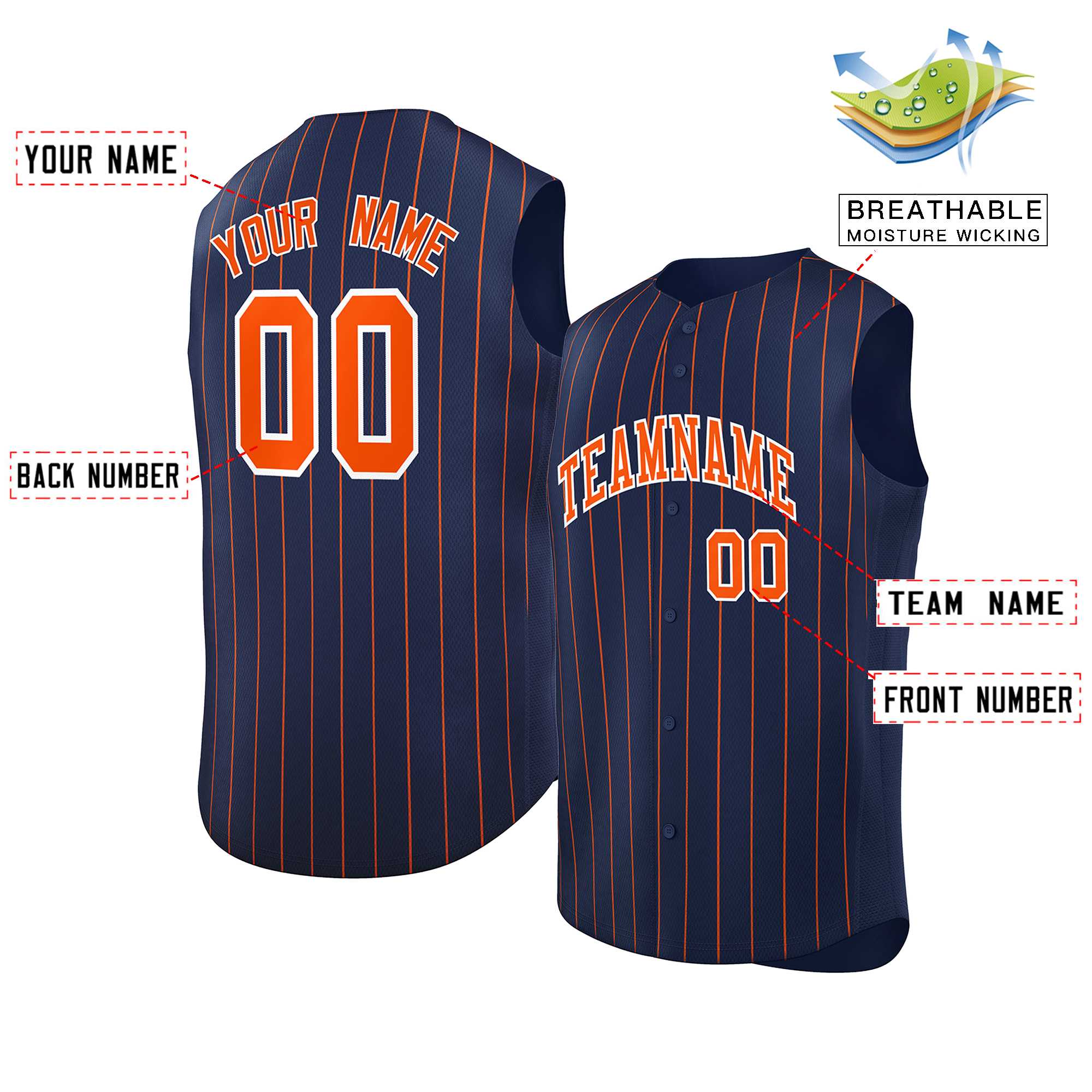 Custom Navy Orange-White Sleeveless Stripe Fashion Baseball Jersey - Image 2