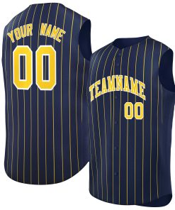 Custom Navy Gold-White Sleeveless Stripe Fashion Baseball Jersey