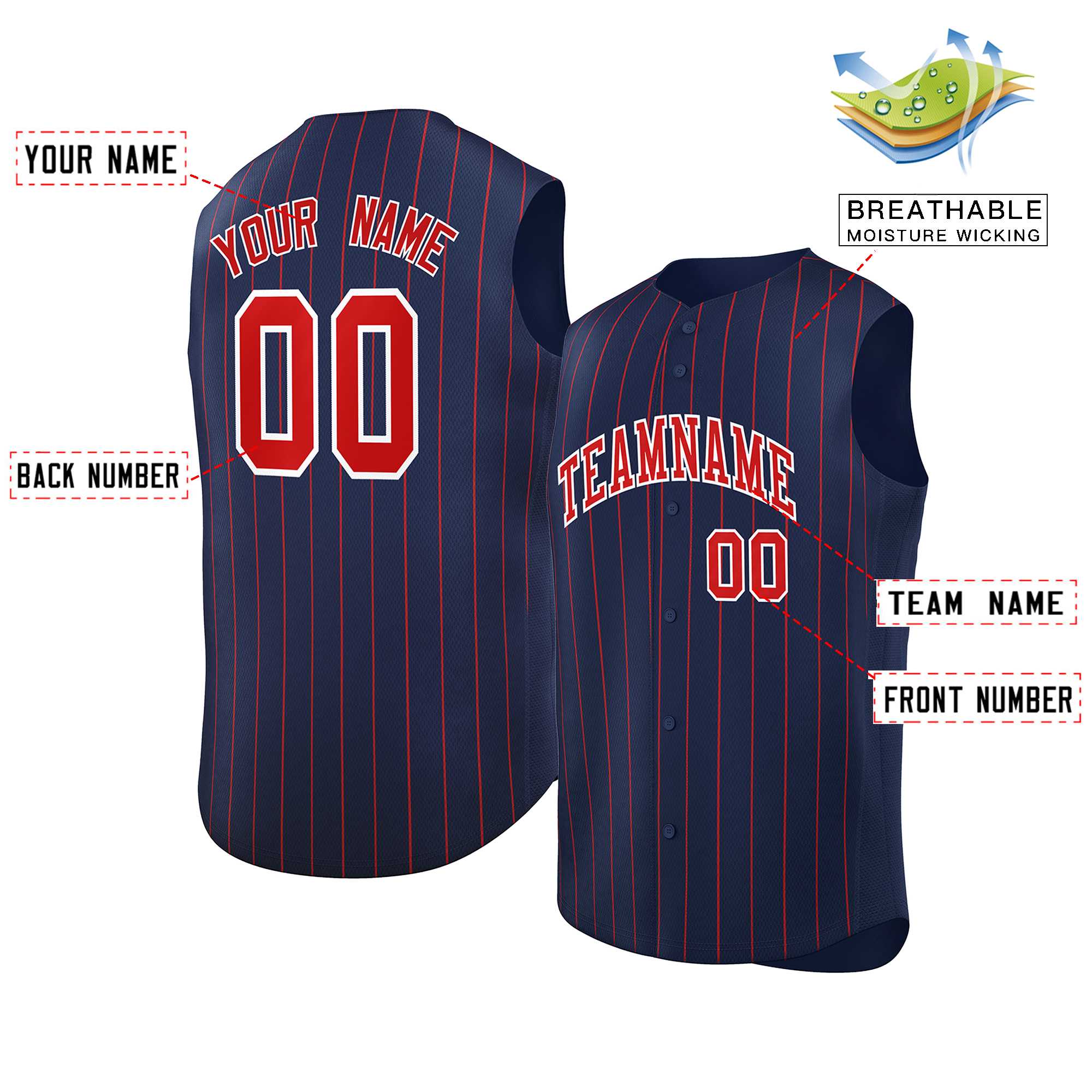 Custom Navy Red-White Sleeveless Stripe Fashion Baseball Jersey - Image 2