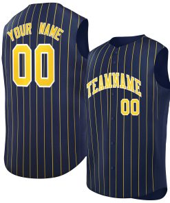 Custom Navy Gold-White Sleeveless Stripe Fashion Baseball Jersey