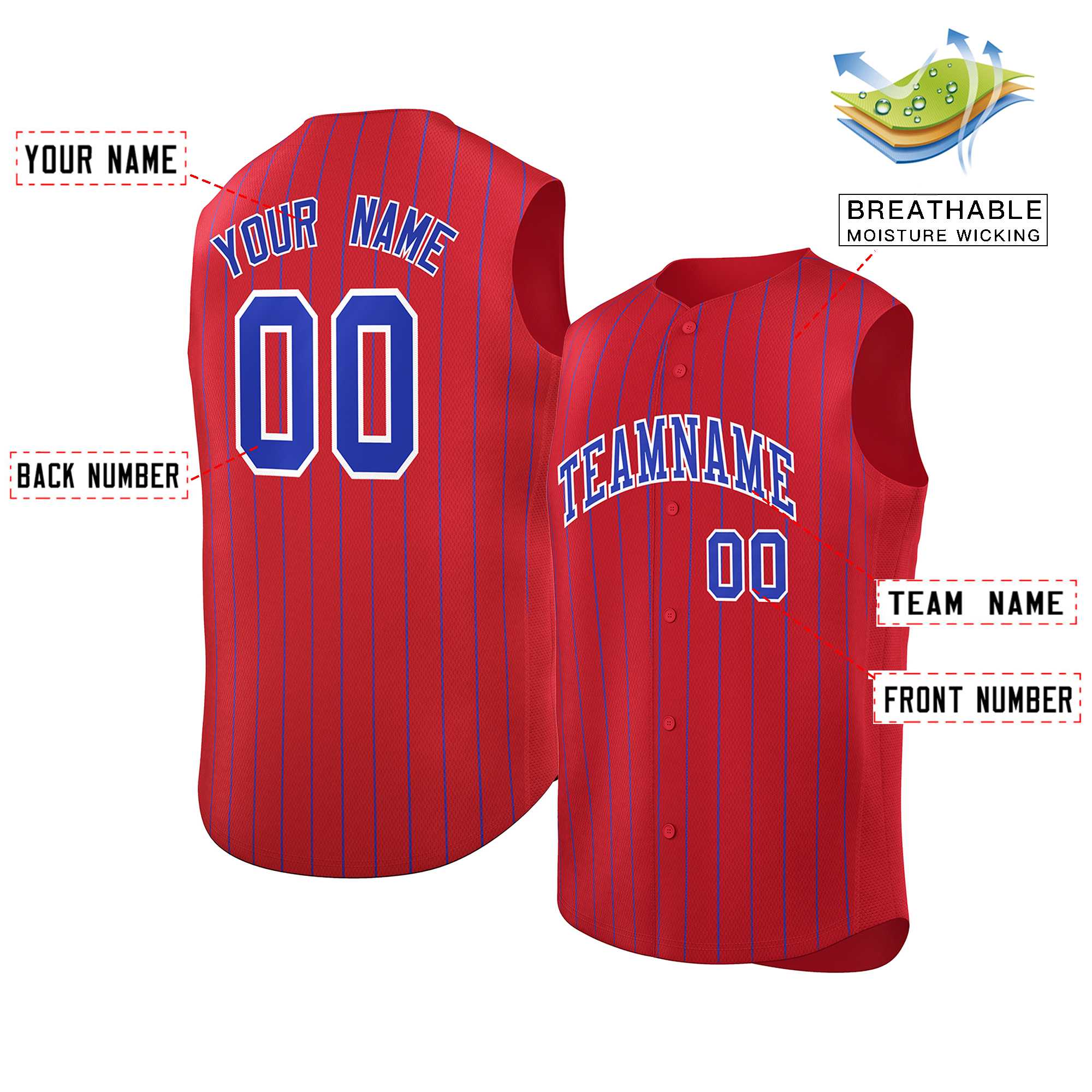 Custom Red Royal-White Sleeveless Stripe Fashion Baseball Jersey - Image 2