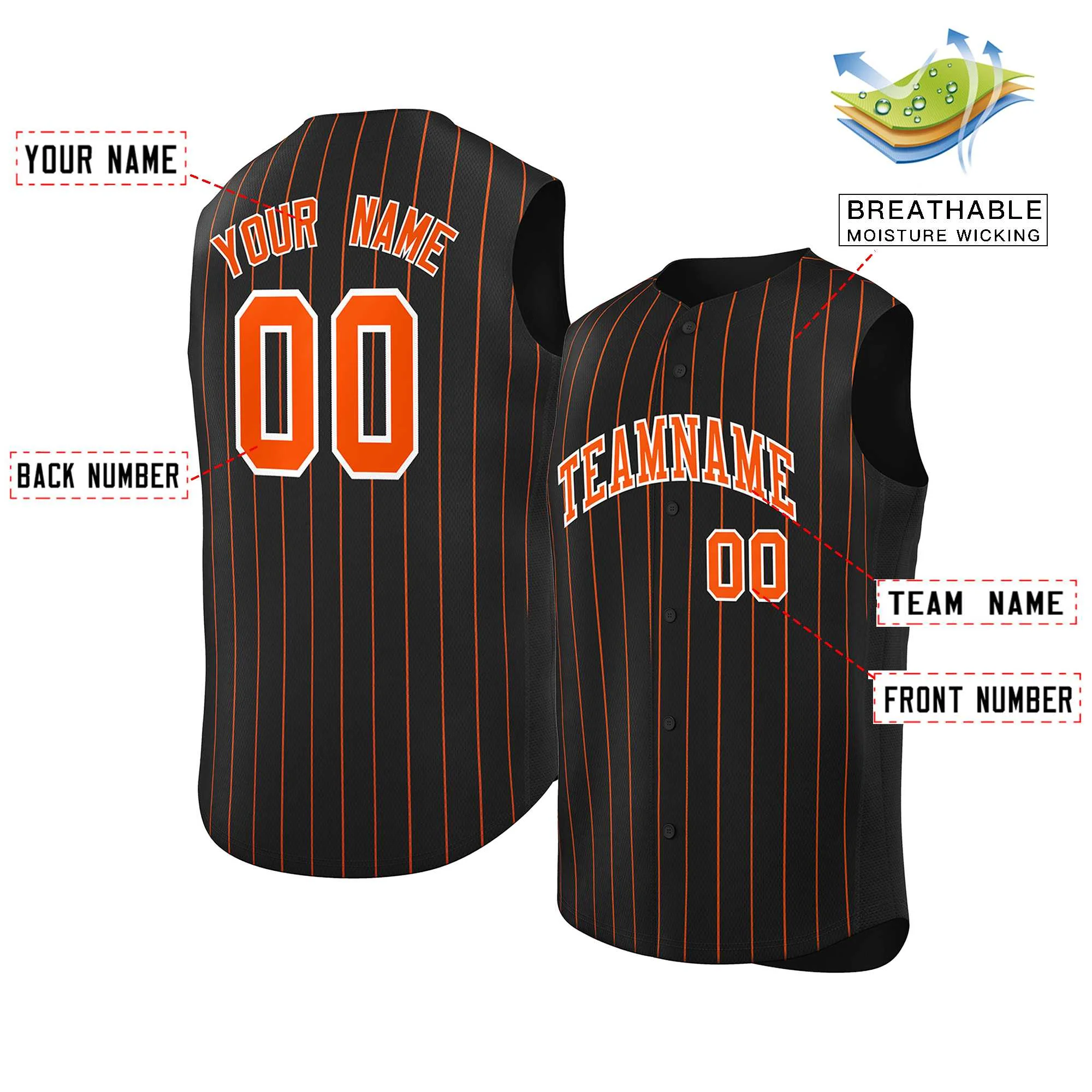 Custom Black Orange-White Sleeveless Stripe Fashion Baseball Jersey - Image 2
