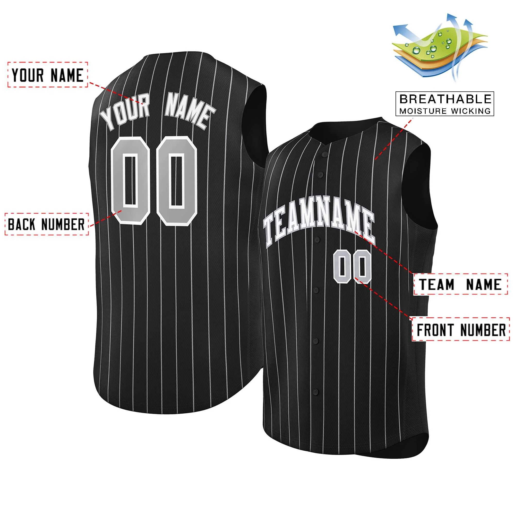 Custom Black White-Gray Sleeveless Stripe Fashion Baseball Jersey - Image 2