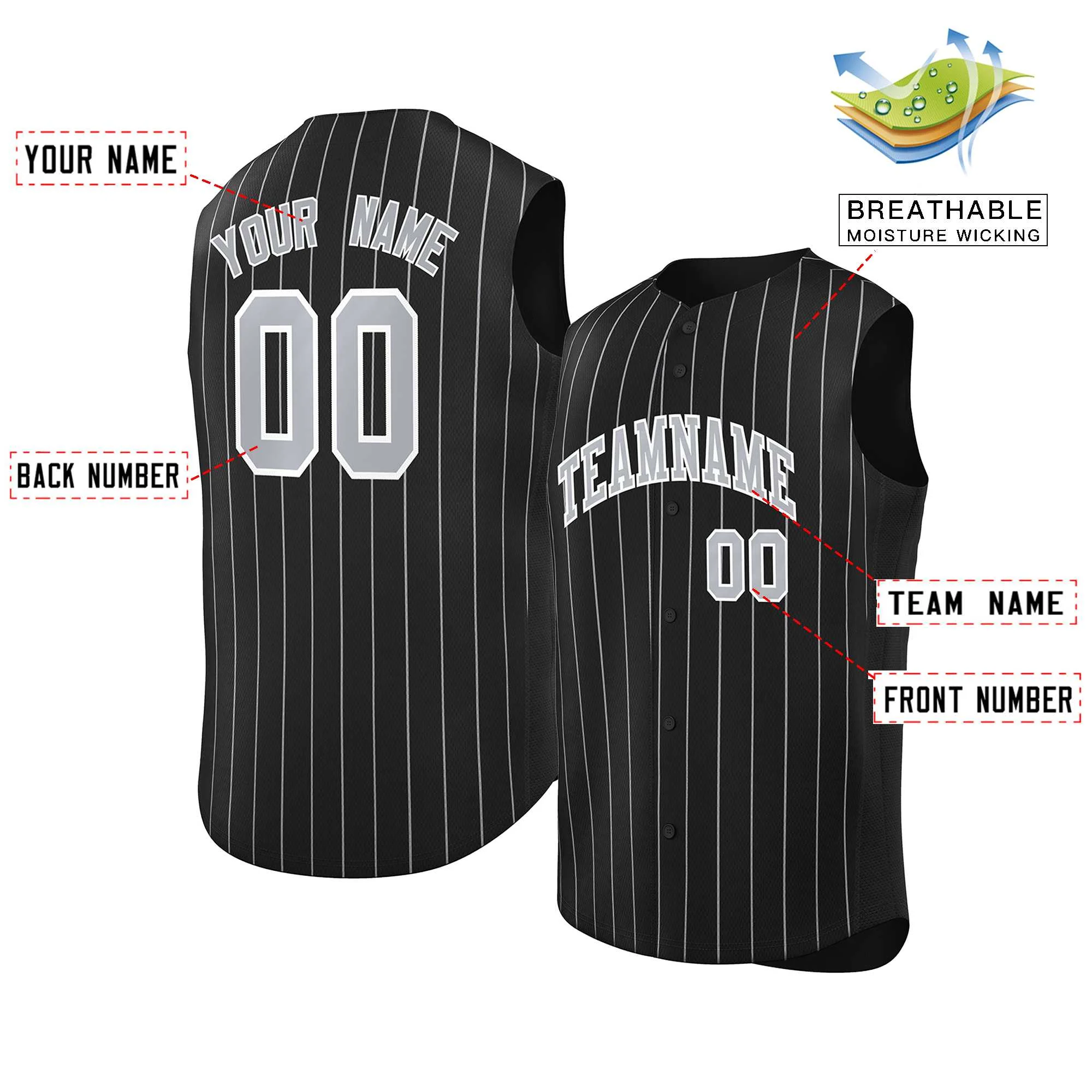 Custom Black Gray-White Sleeveless Stripe Fashion Baseball Jersey - Image 2