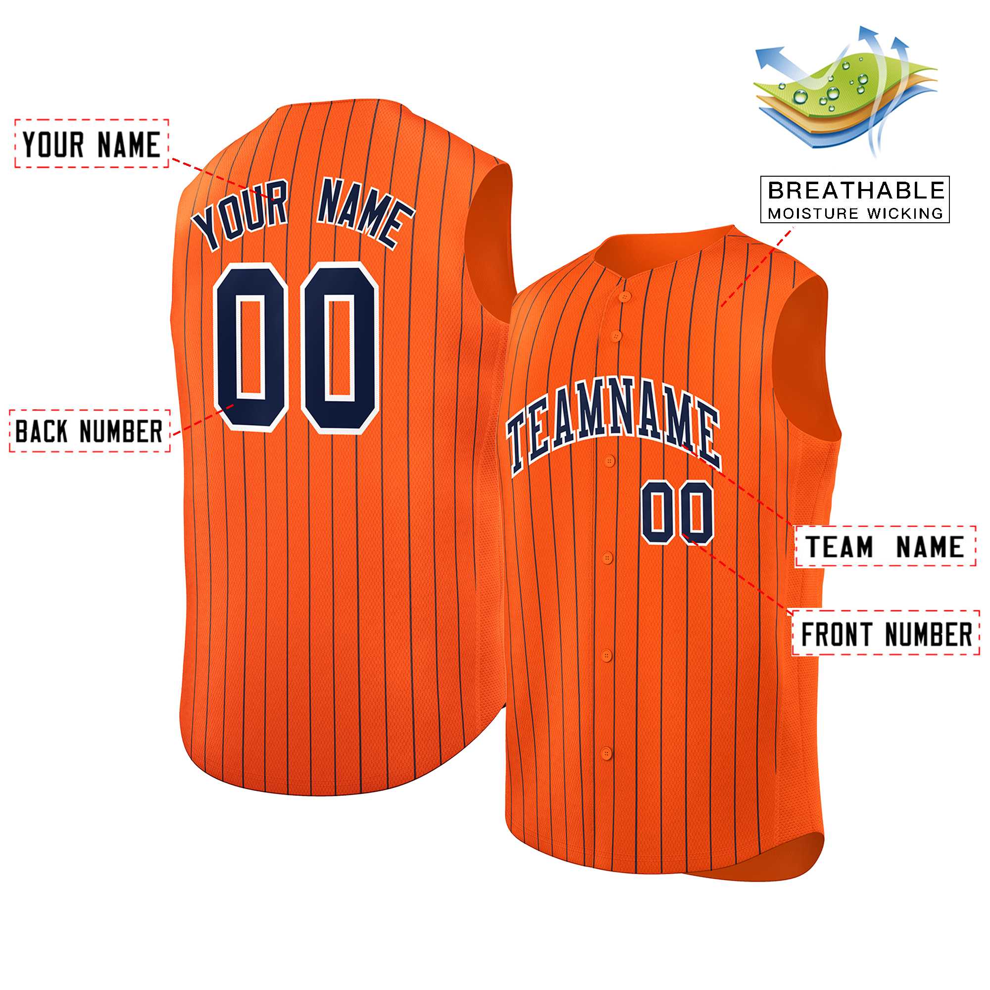 Custom Orange Navy-White Sleeveless Stripe Fashion Baseball Jersey - Image 2