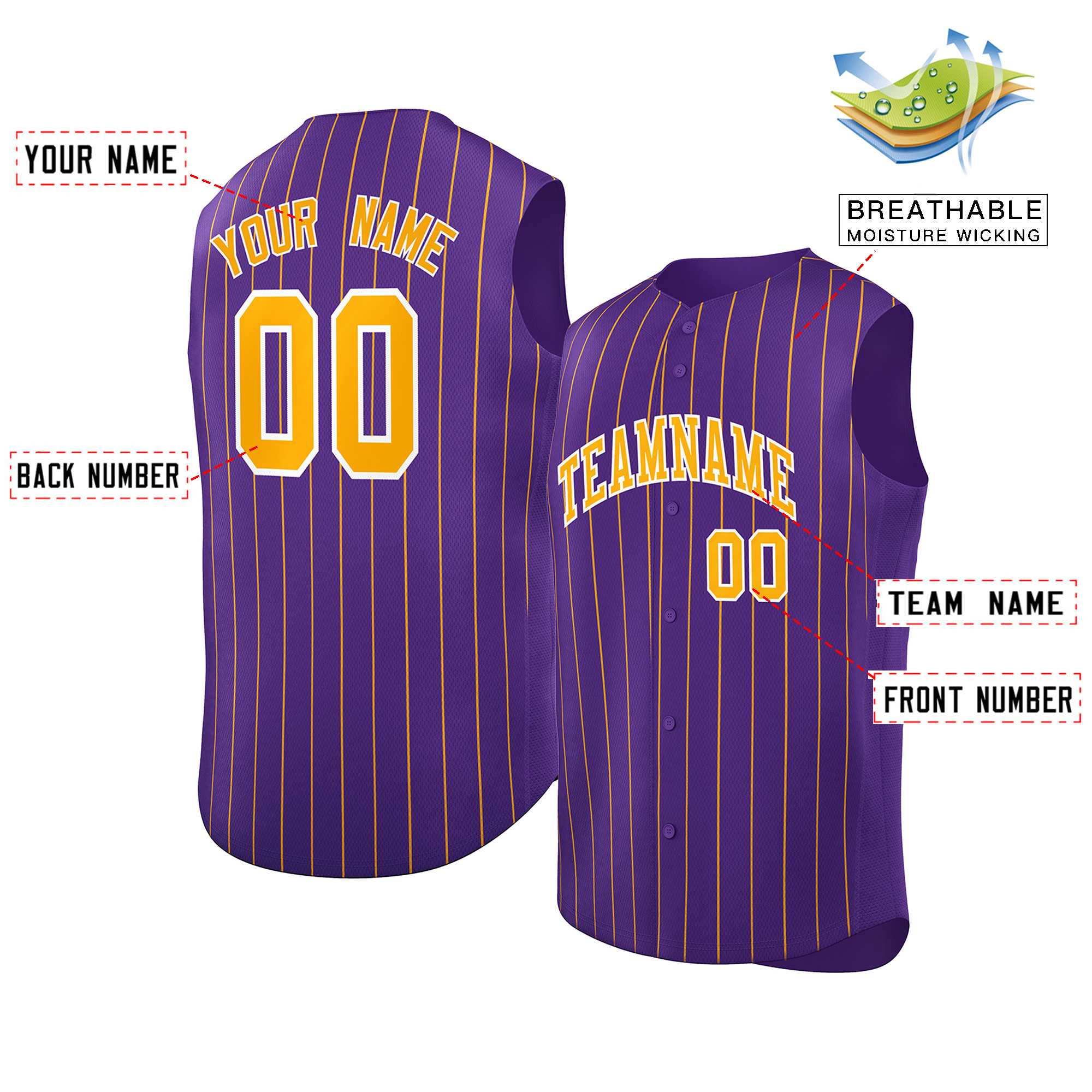 Custom Purple Yellow-White Sleeveless Stripe Fashion Baseball Jersey - Image 2