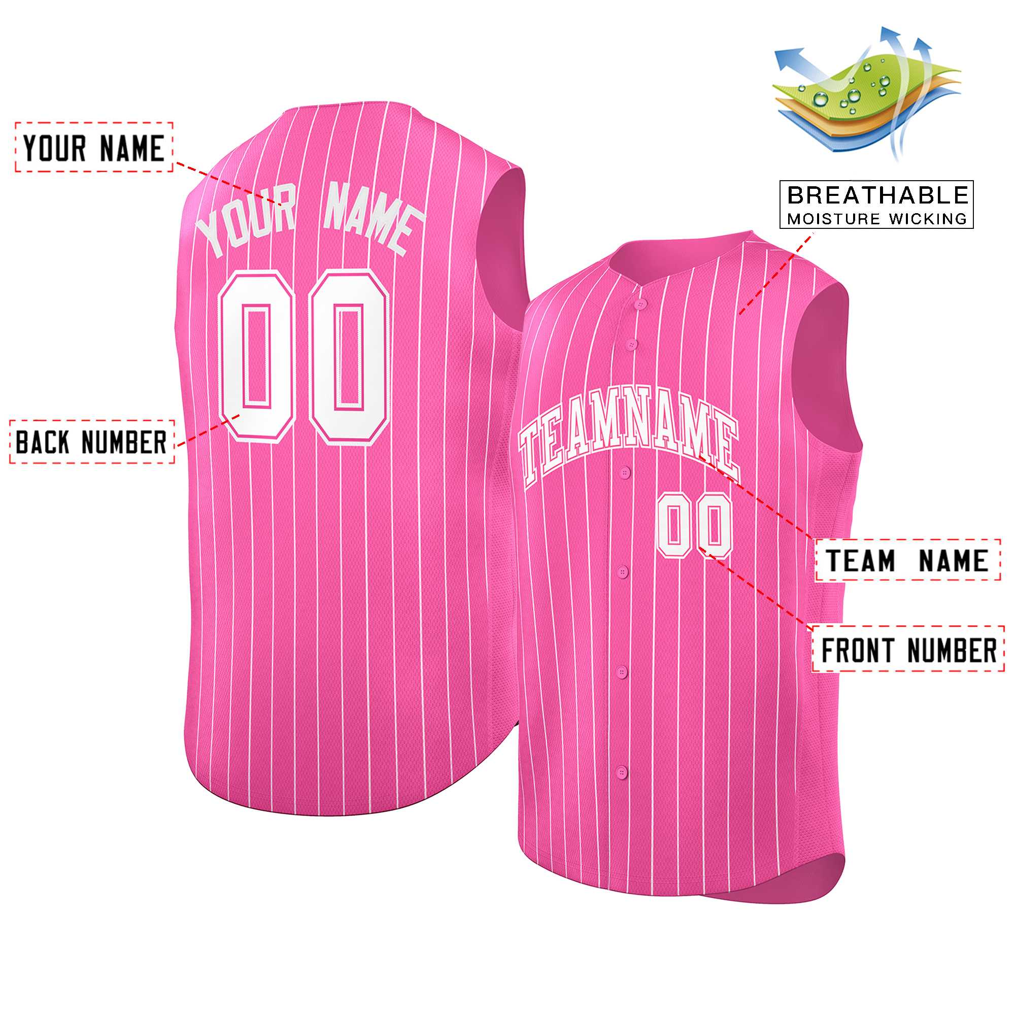 Custom Pink White-Pink Sleeveless Stripe Fashion Baseball Jersey - Image 2