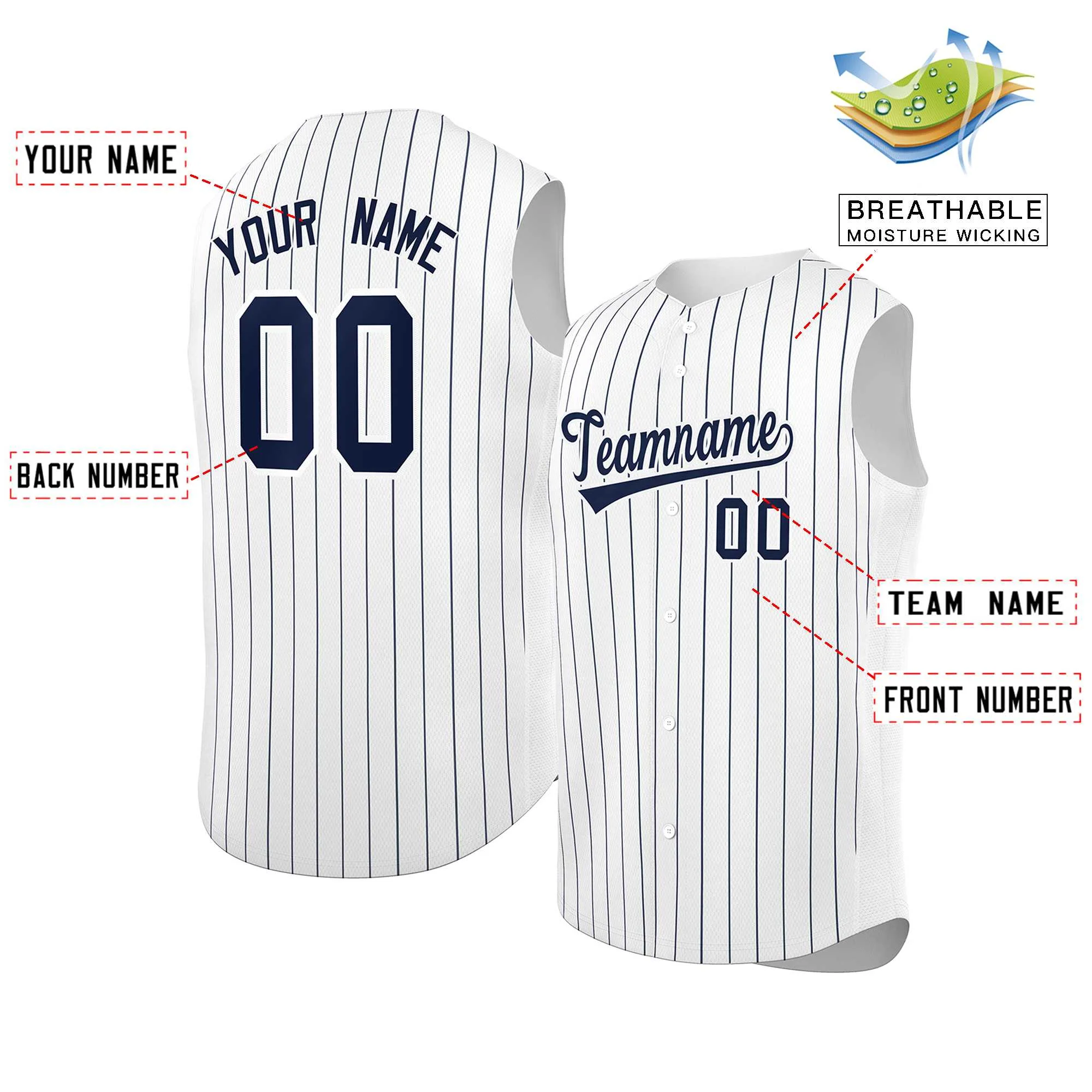 Custom White Navy-White Sleeveless Stripe Fashion Baseball Jersey - Image 2