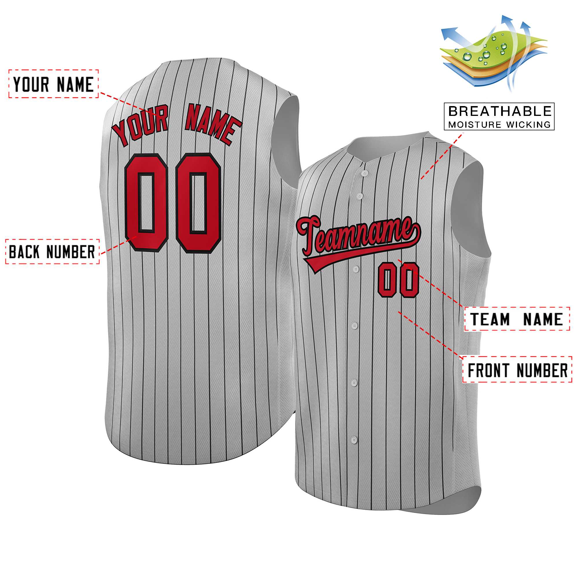Custom Gray Red-Black Sleeveless Stripe Fashion Baseball Jersey - Image 2