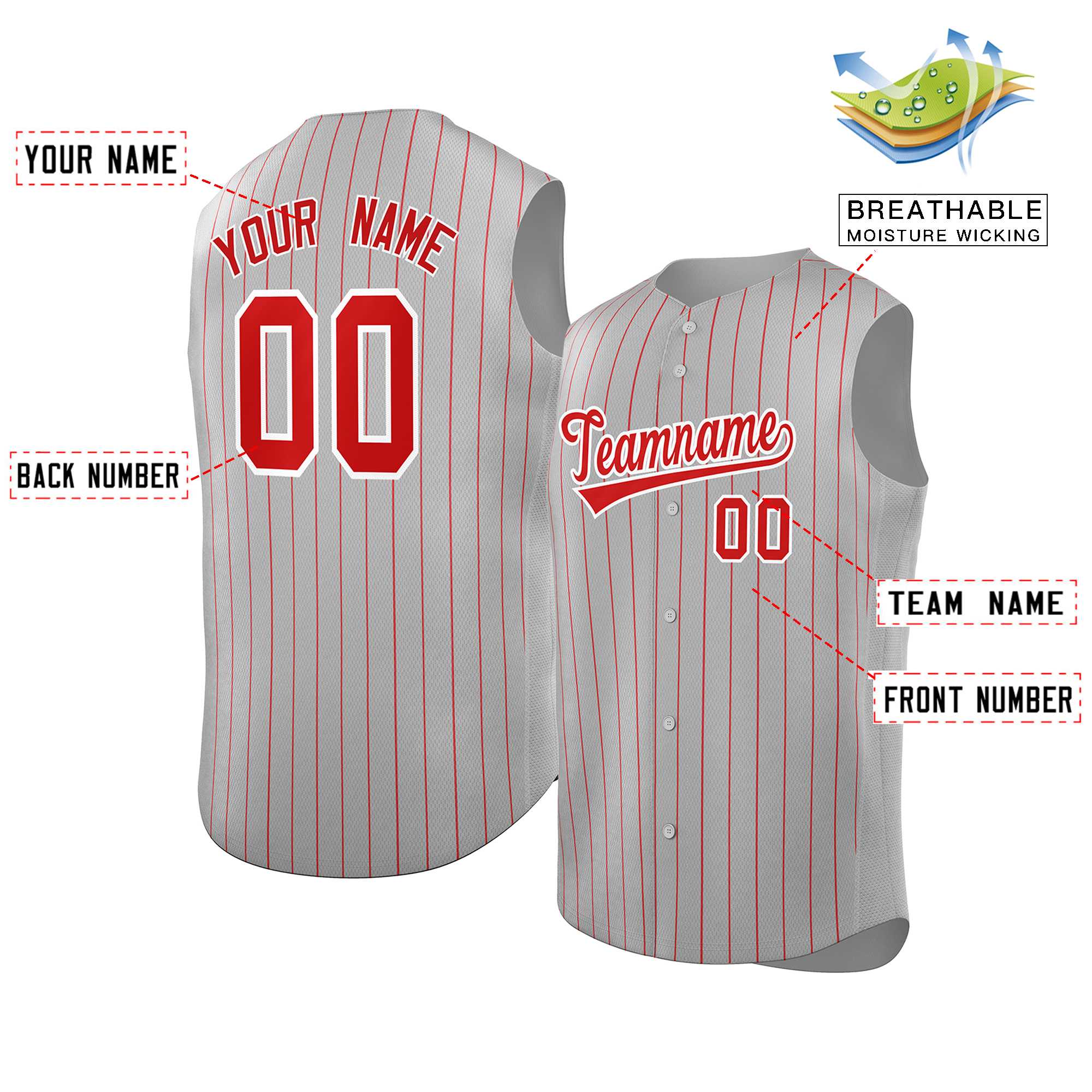 Custom Gray Red-White Sleeveless Stripe Fashion Baseball Jersey - Image 2