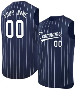 Custom Navy White-Navy Sleeveless Stripe Fashion Baseball Jersey