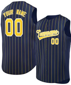 Custom Navy Gold-White Sleeveless Stripe Fashion Baseball Jersey
