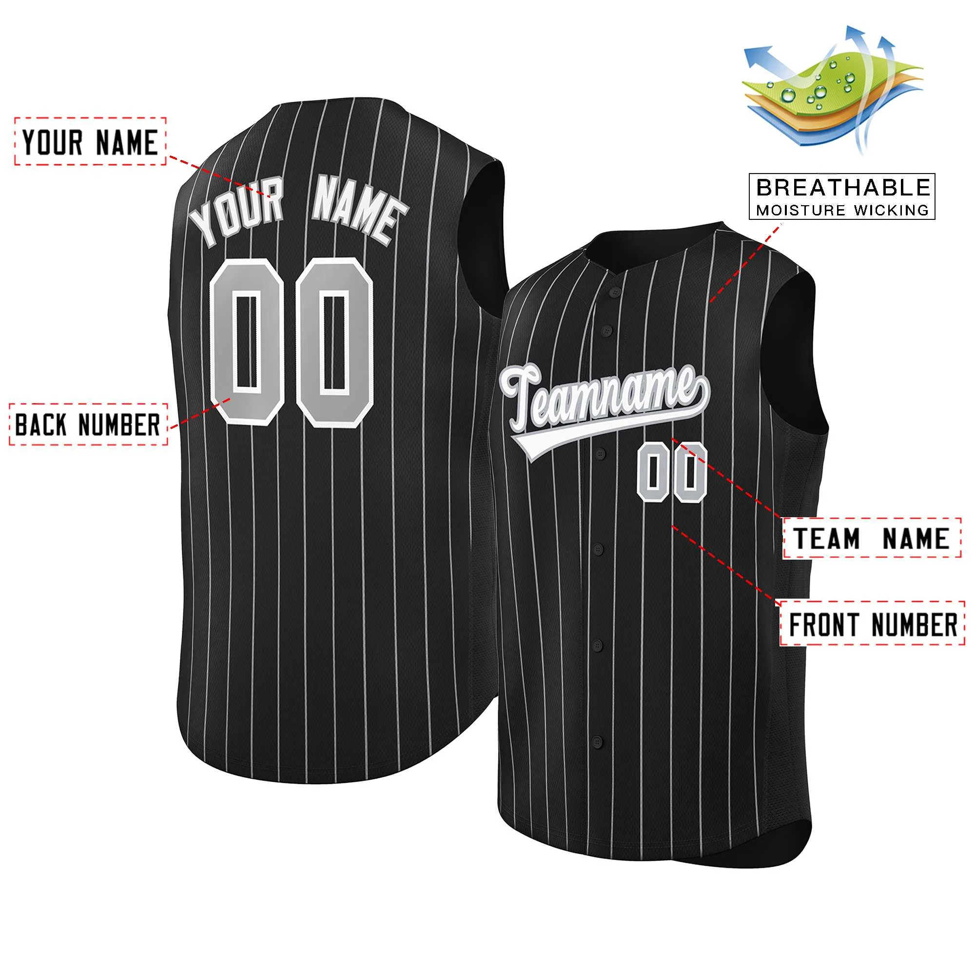 Custom Black White-Gray Sleeveless Stripe Fashion Baseball Jersey - Image 2