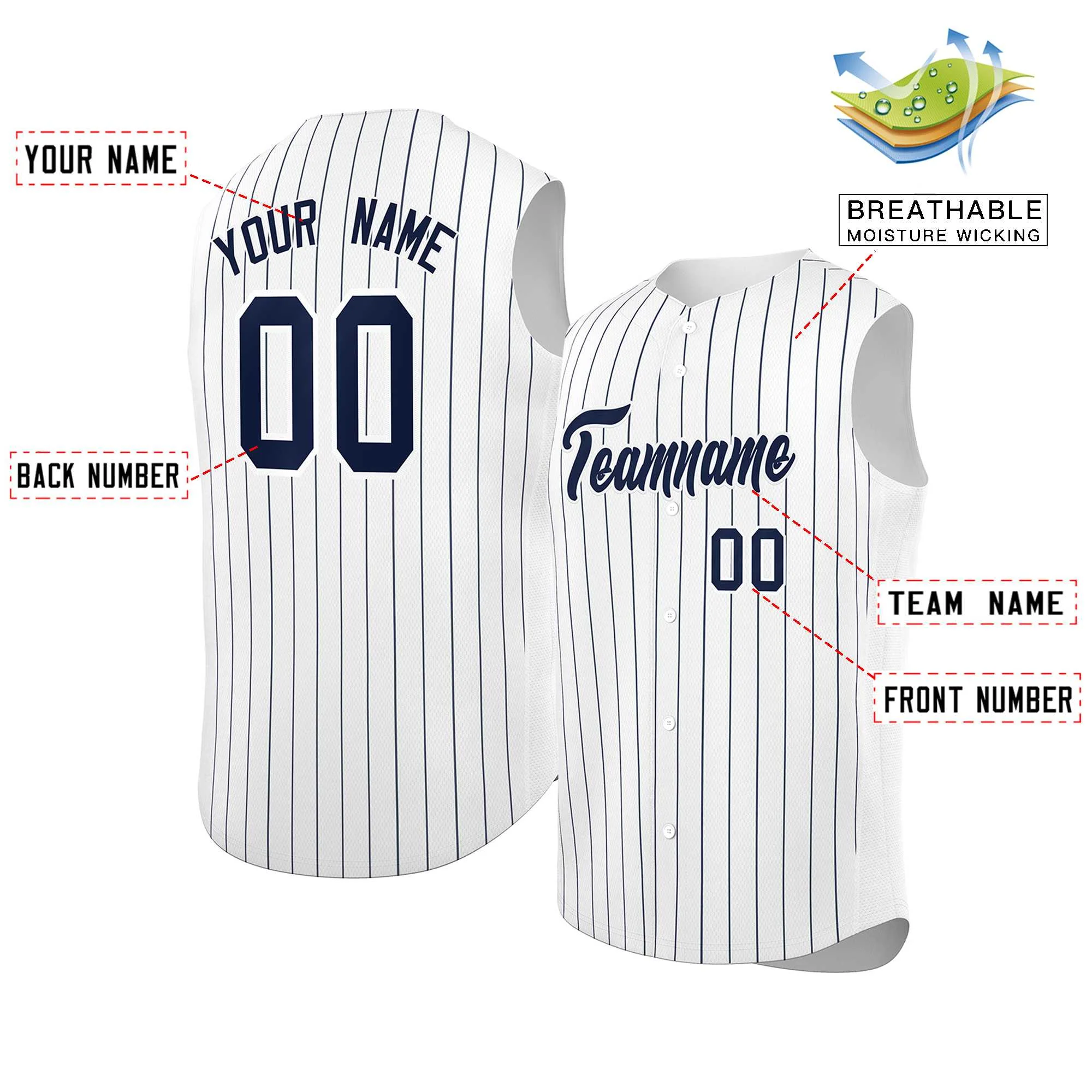 Custom White Navy-White Sleeveless Stripe Fashion Baseball Jersey - Image 2