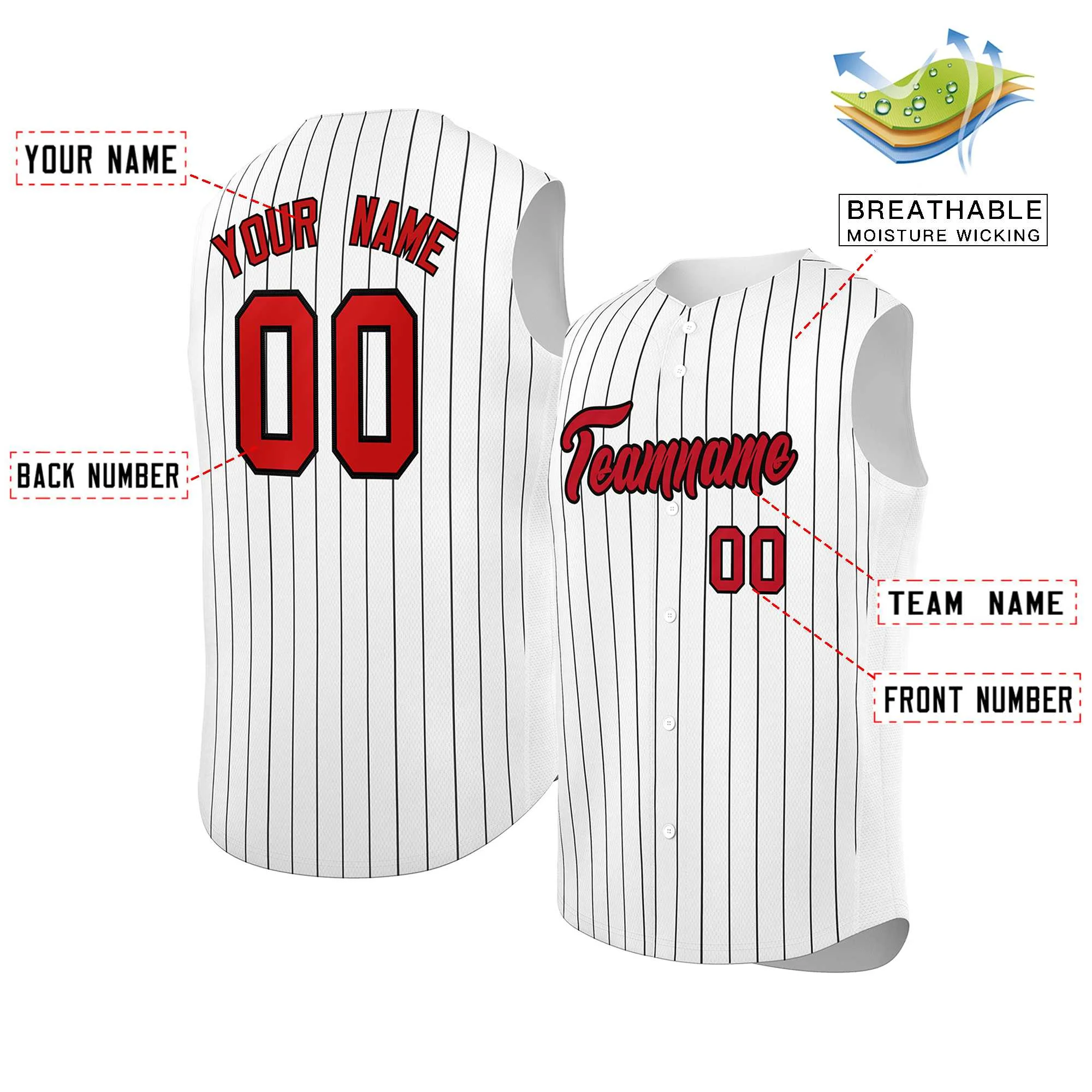 Custom White Red-Black Sleeveless Stripe Fashion Baseball Jersey - Image 2