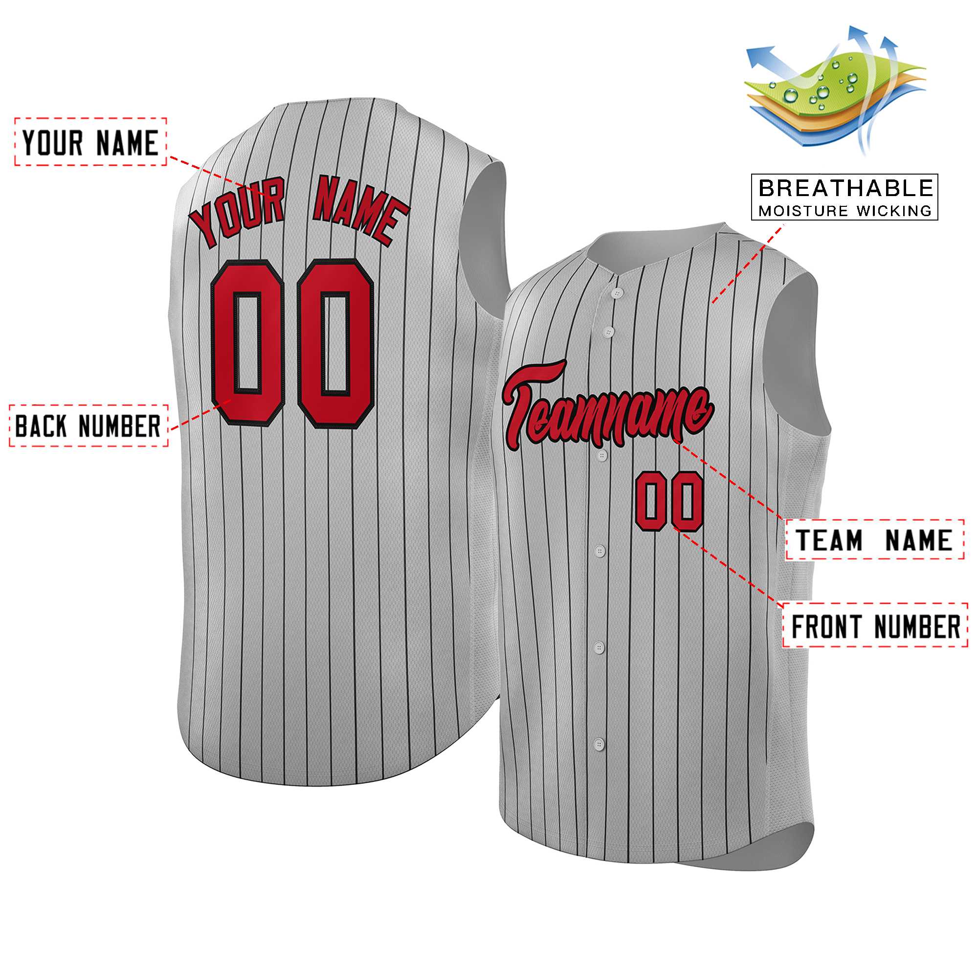 Custom Gray Red-Black Sleeveless Stripe Fashion Baseball Jersey - Image 2