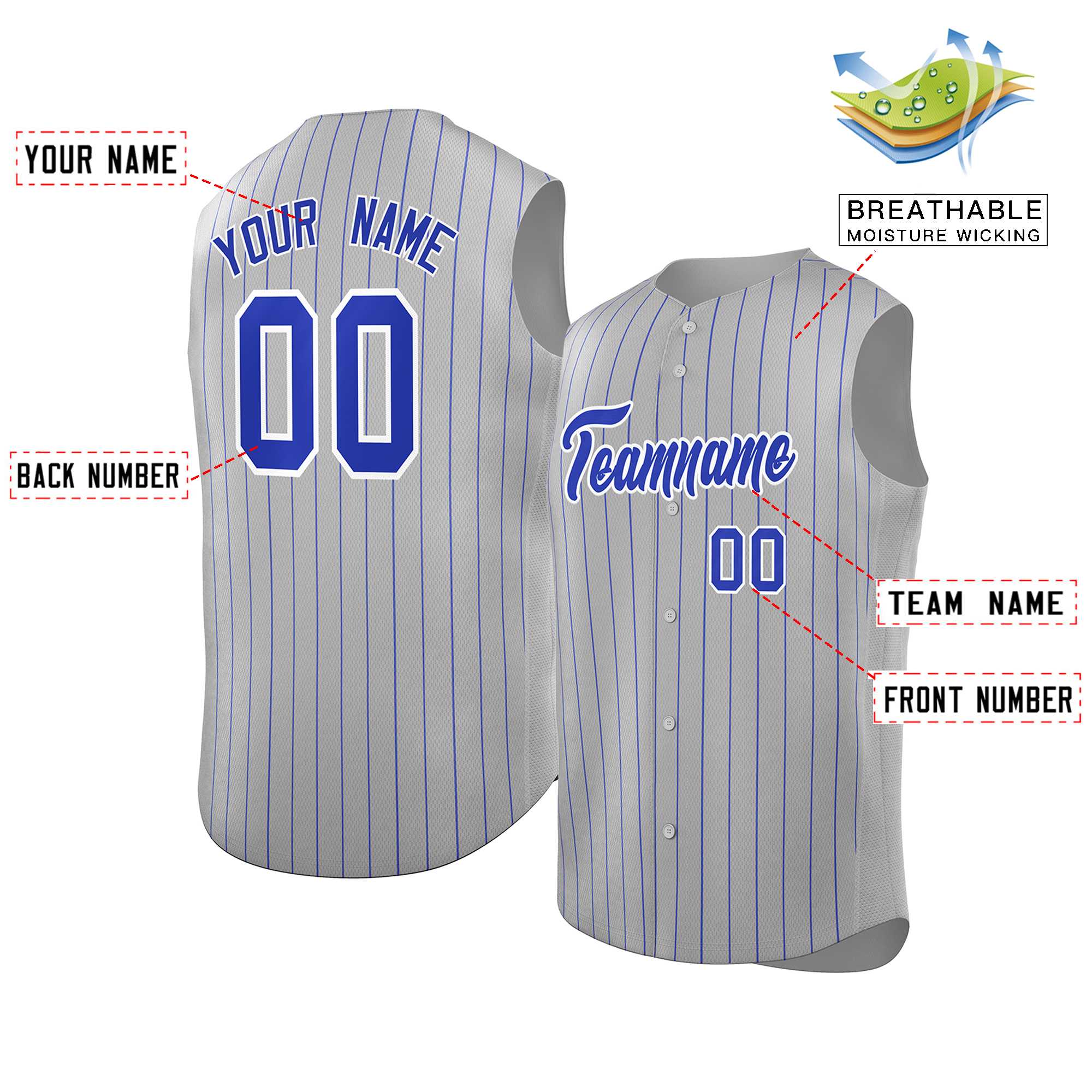 Custom Gray Royal-White Sleeveless Stripe Fashion Baseball Jersey - Image 2
