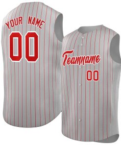 Custom Gray Red-White Sleeveless Stripe Fashion Baseball Jersey