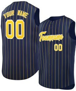 Custom Navy Gold-White Sleeveless Stripe Fashion Baseball Jersey