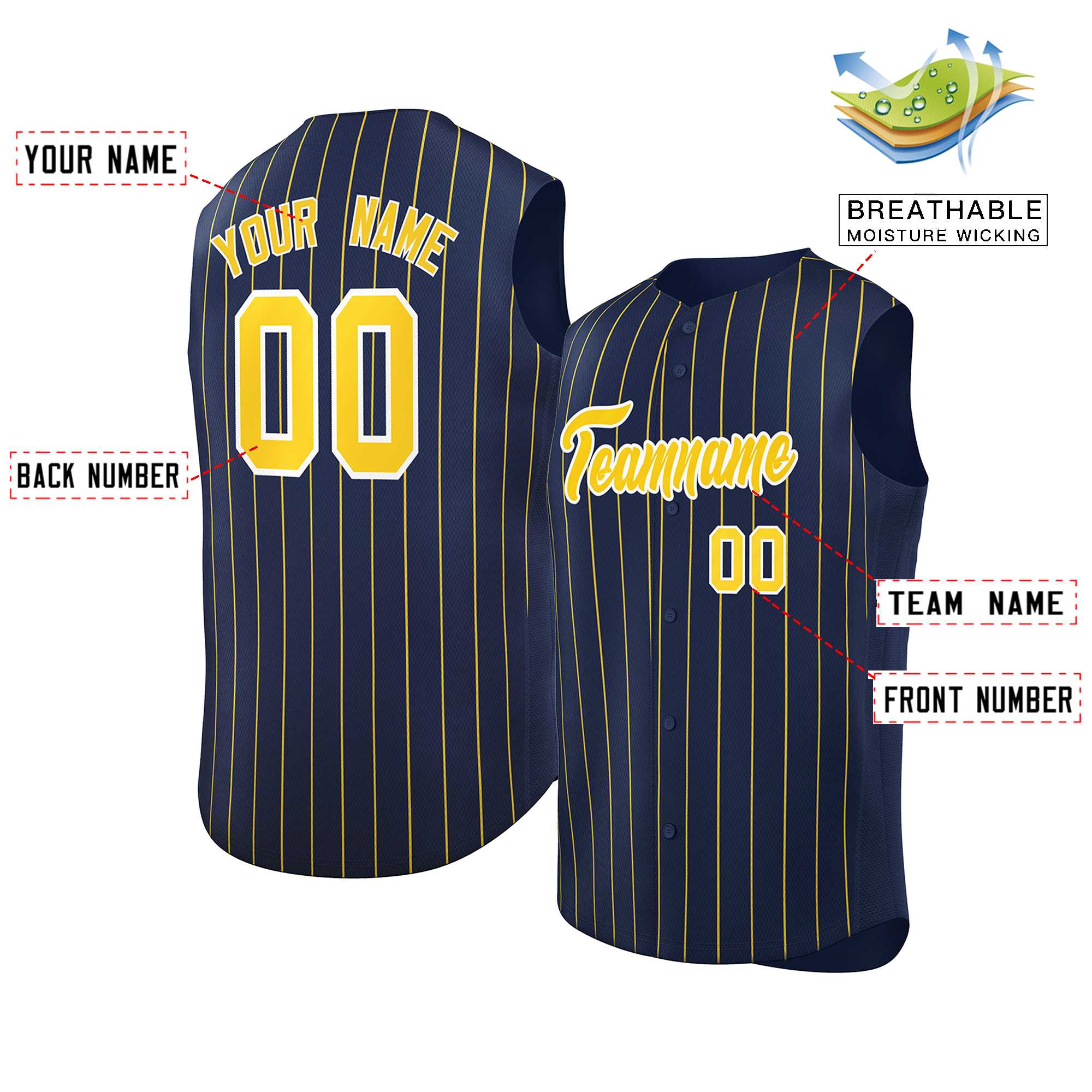 Custom Navy Gold-White Sleeveless Stripe Fashion Baseball Jersey - Image 2