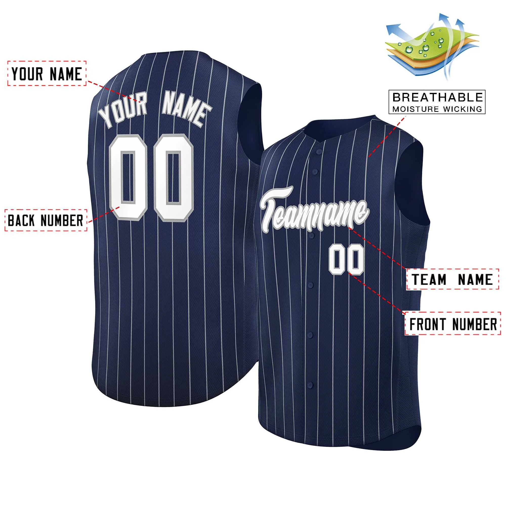 Custom Navy White-Gray Sleeveless Stripe Fashion Baseball Jersey - Image 2