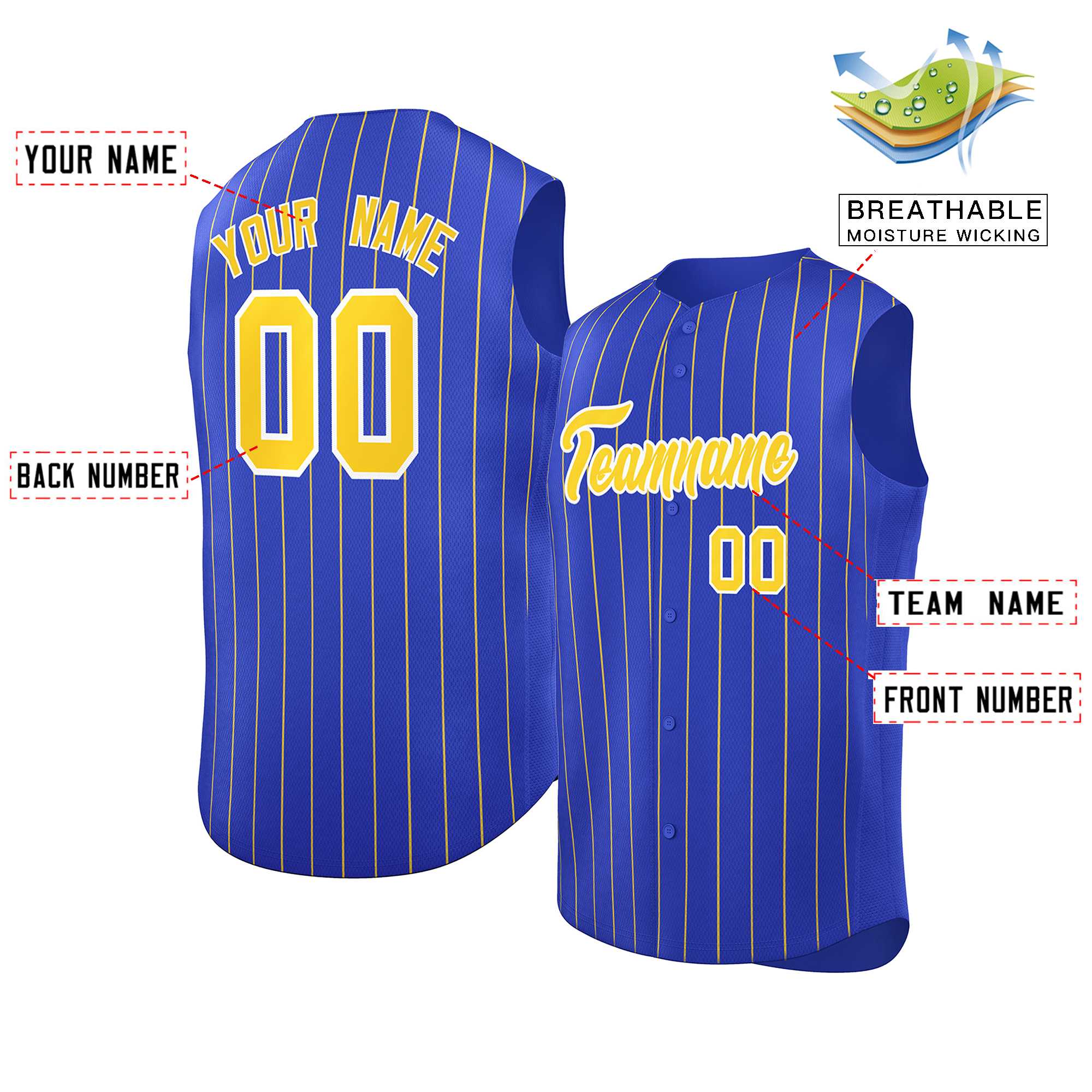Custom Royal Gold-White Sleeveless Stripe Fashion Baseball Jersey - Image 2