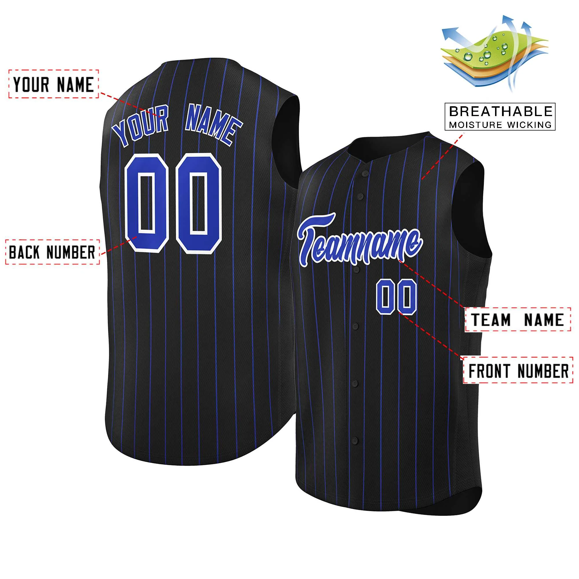 Custom Black Royal-White Sleeveless Stripe Fashion Baseball Jersey - Image 2