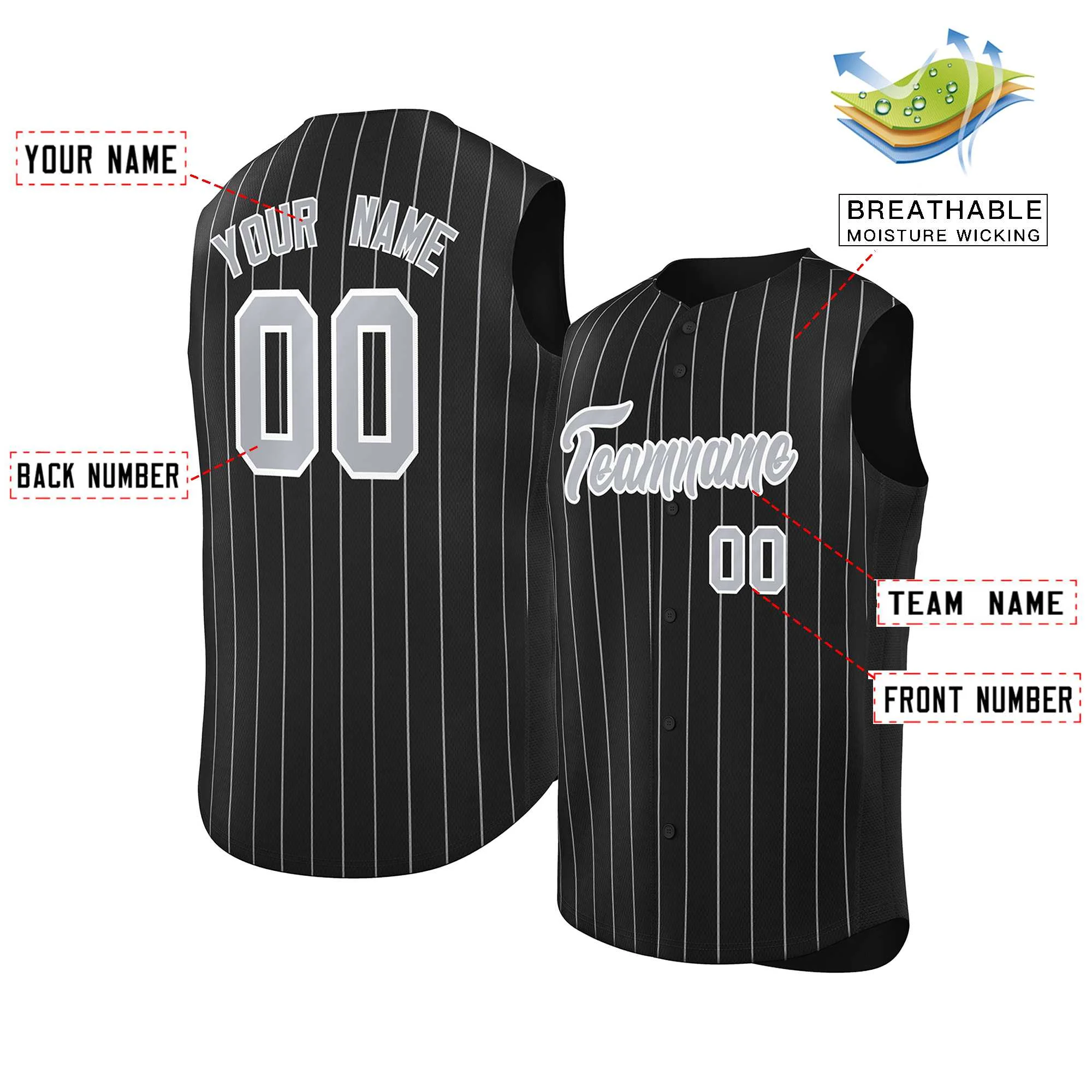 Custom Black Gray-White Sleeveless Stripe Fashion Baseball Jersey - Image 2