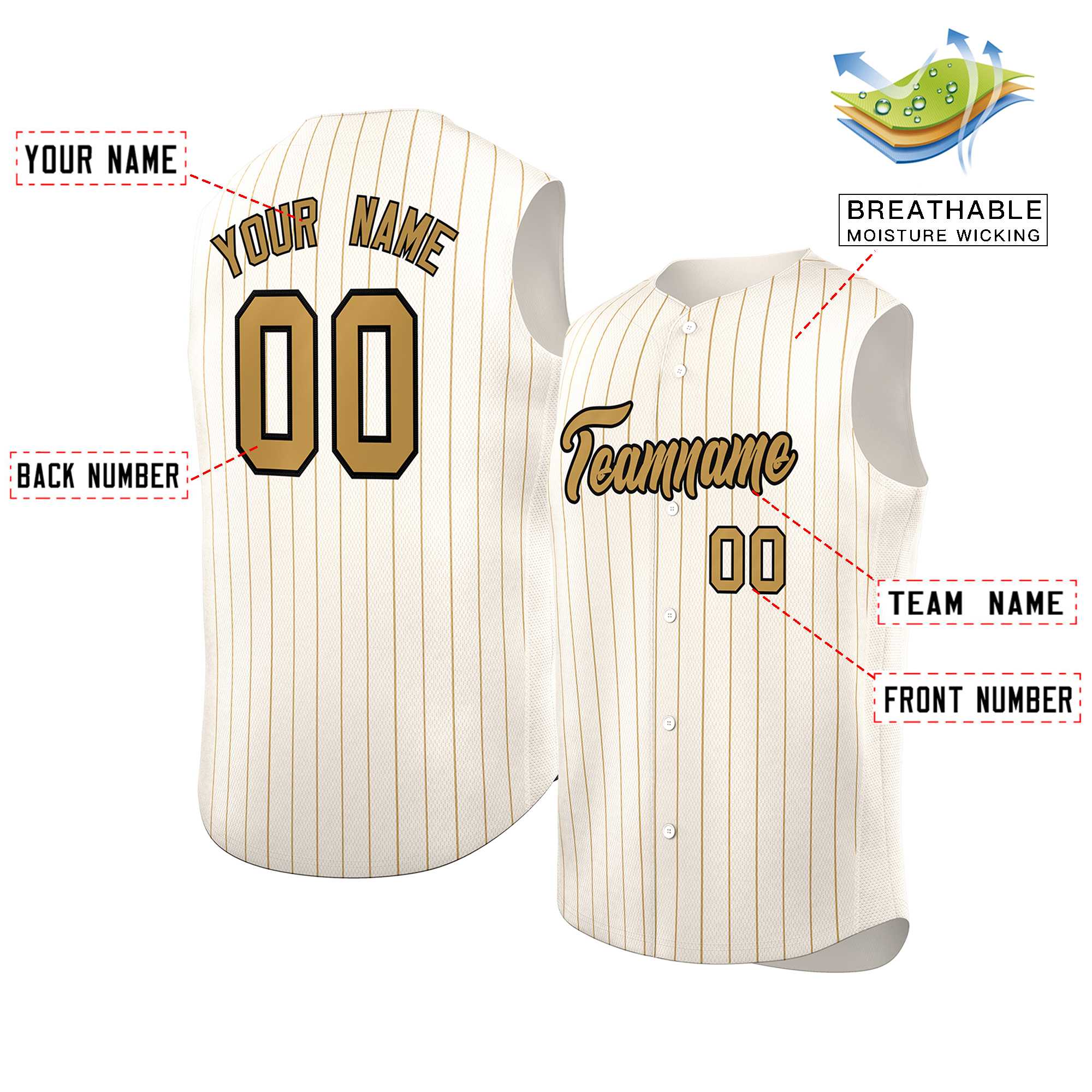 Custom Cream Old Gold-Black Sleeveless Stripe Fashion Baseball Jersey - Image 2