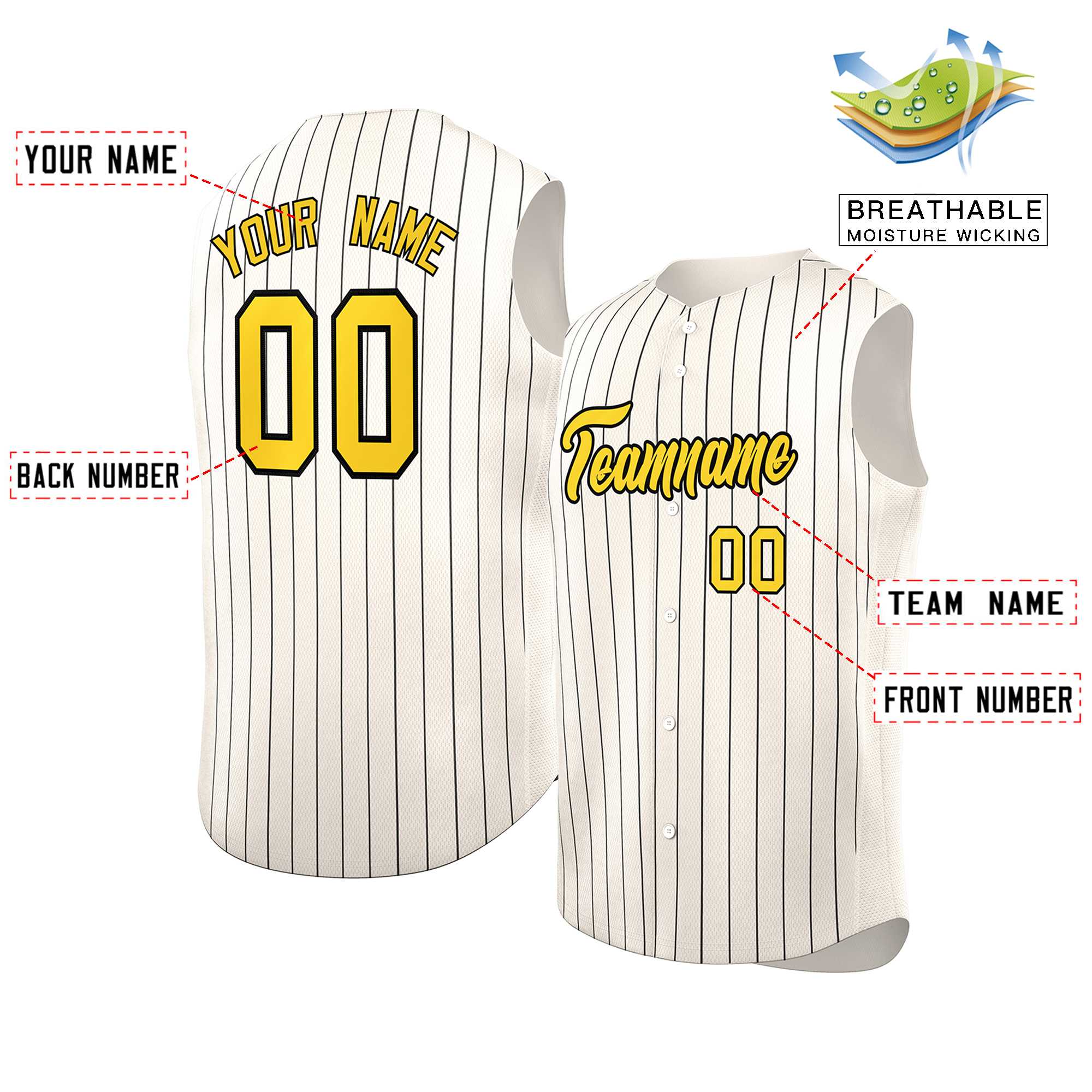 Custom Cream Gold-Black Sleeveless Stripe Fashion Baseball Jersey - Image 2