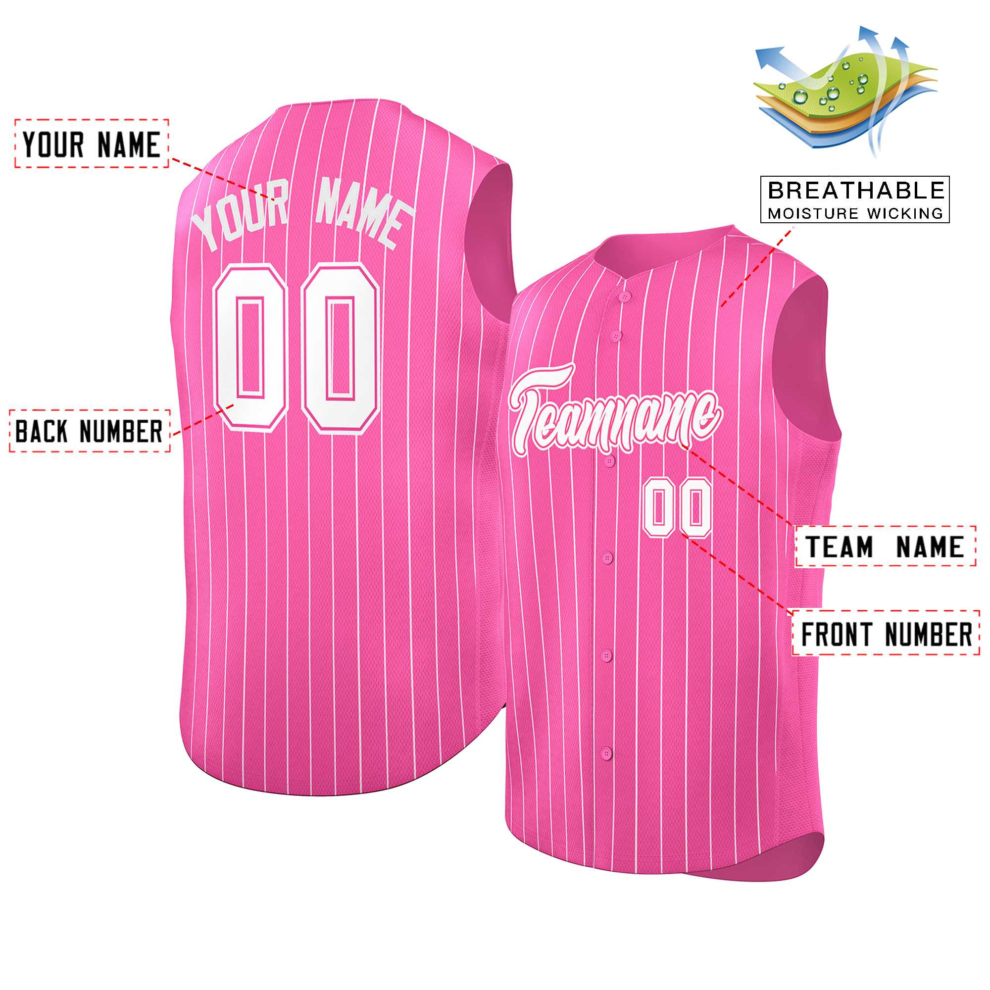 Custom Pink White-Pink Sleeveless Stripe Fashion Baseball Jersey - Image 2