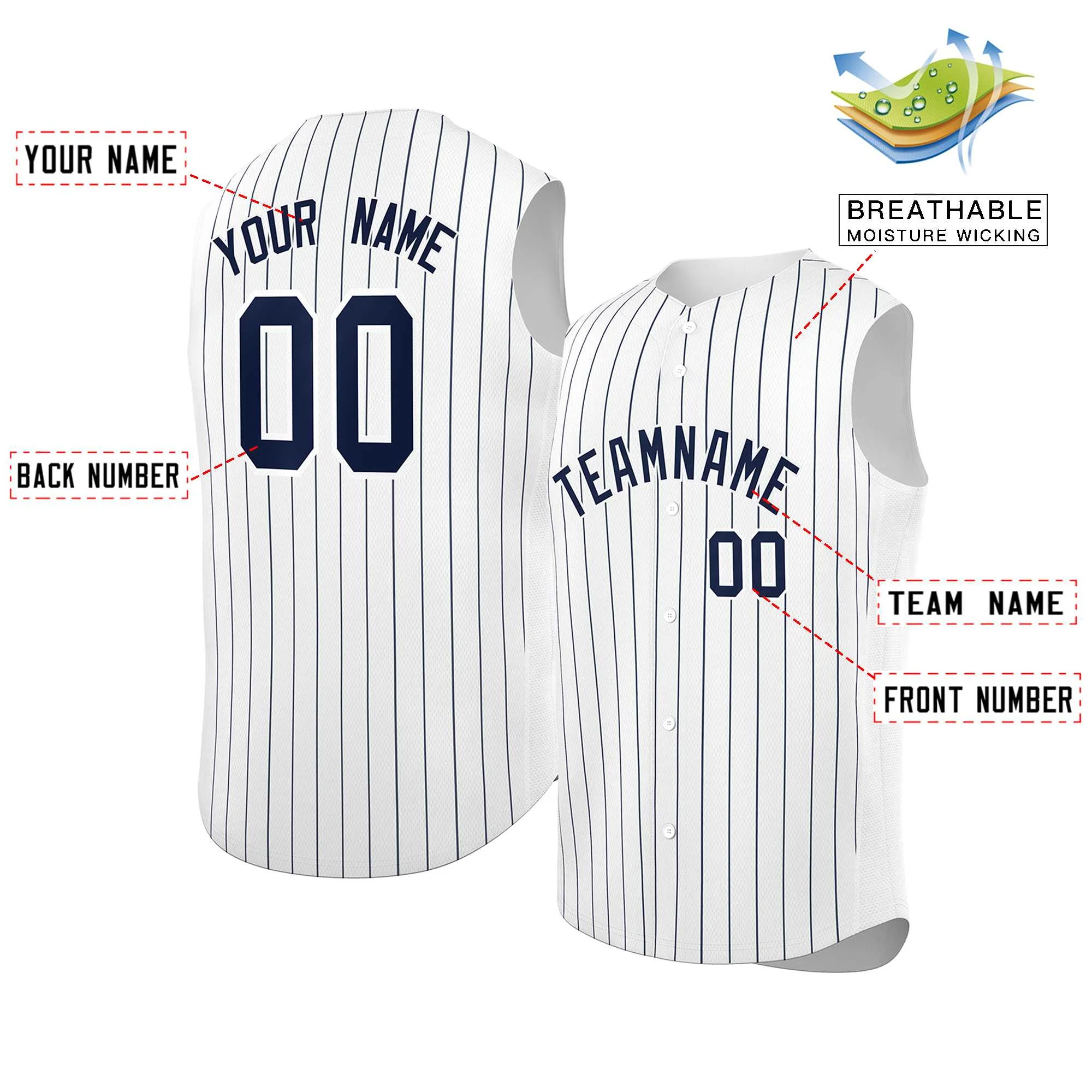 Custom White Navy-White Sleeveless Stripe Fashion Baseball Jersey - Image 2
