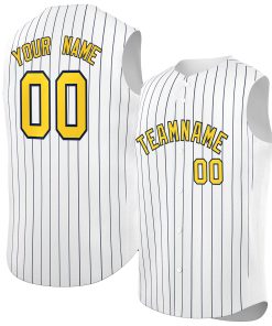 Custom White Gold-Navy Sleeveless Stripe Fashion Baseball Jersey