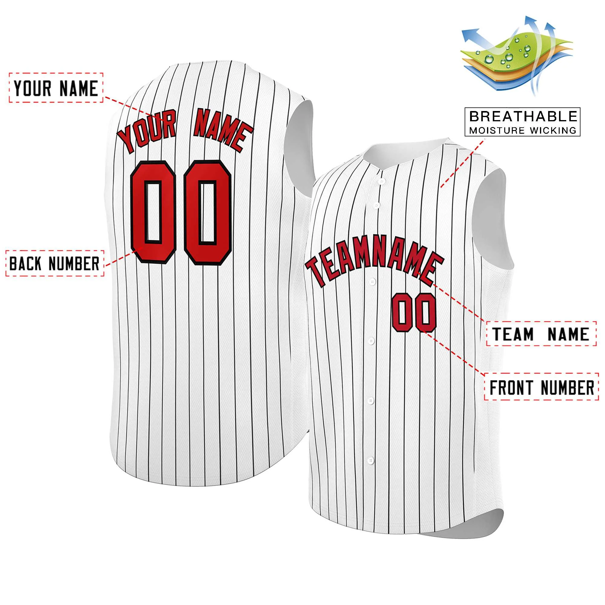 Custom White Red-Black Sleeveless Stripe Fashion Baseball Jersey - Image 2