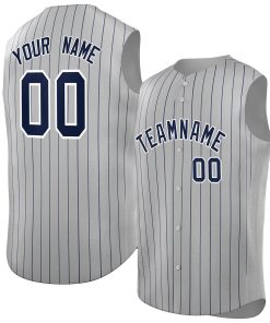 Custom Gray Navy-White Sleeveless Stripe Fashion Baseball Jersey