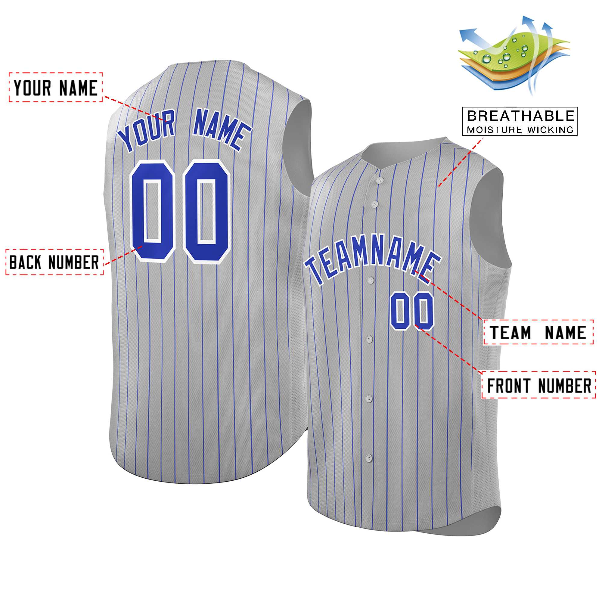 Custom Gray Royal-White Sleeveless Stripe Fashion Baseball Jersey - Image 2