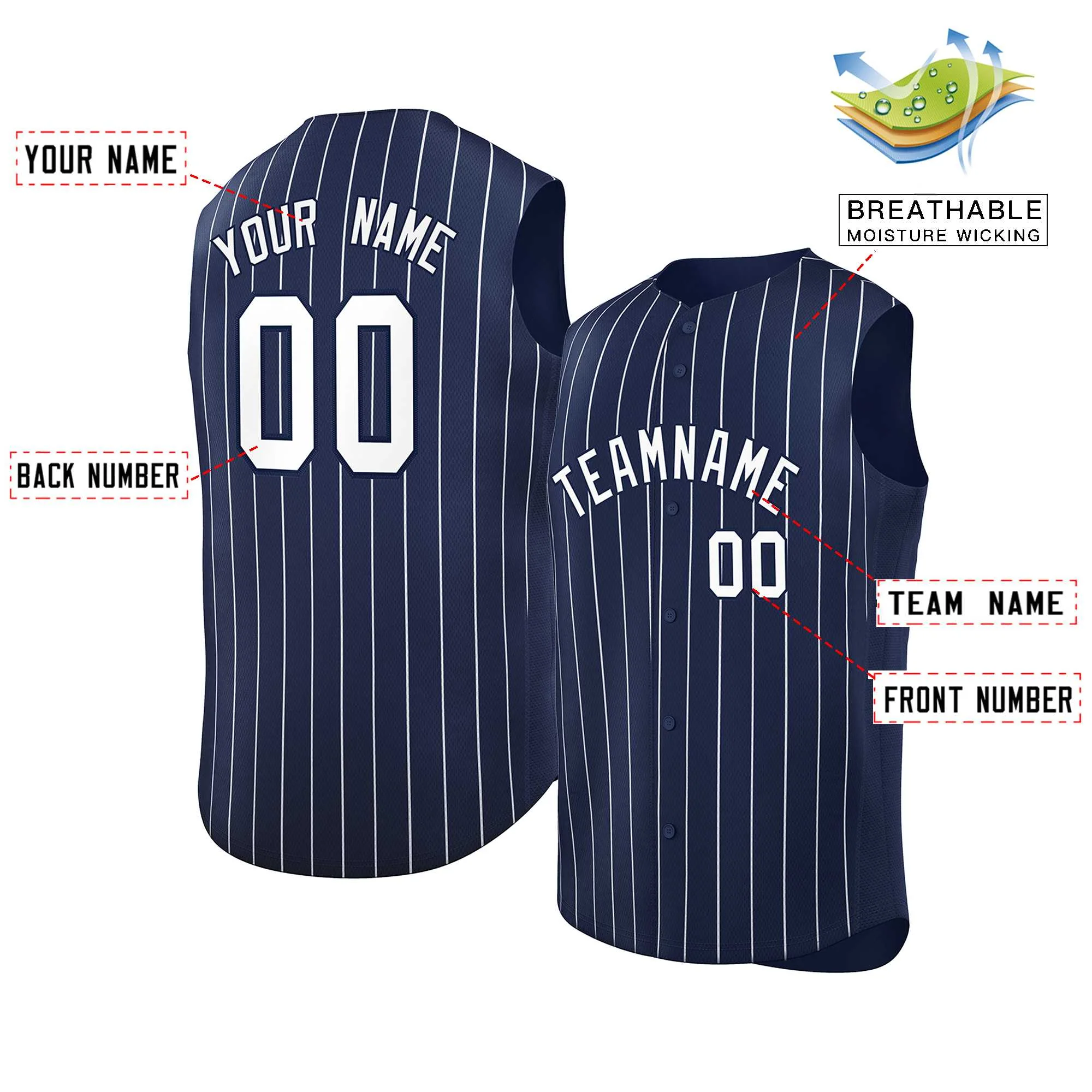 Custom Navy White-Navy Sleeveless Stripe Fashion Baseball Jersey - Image 2