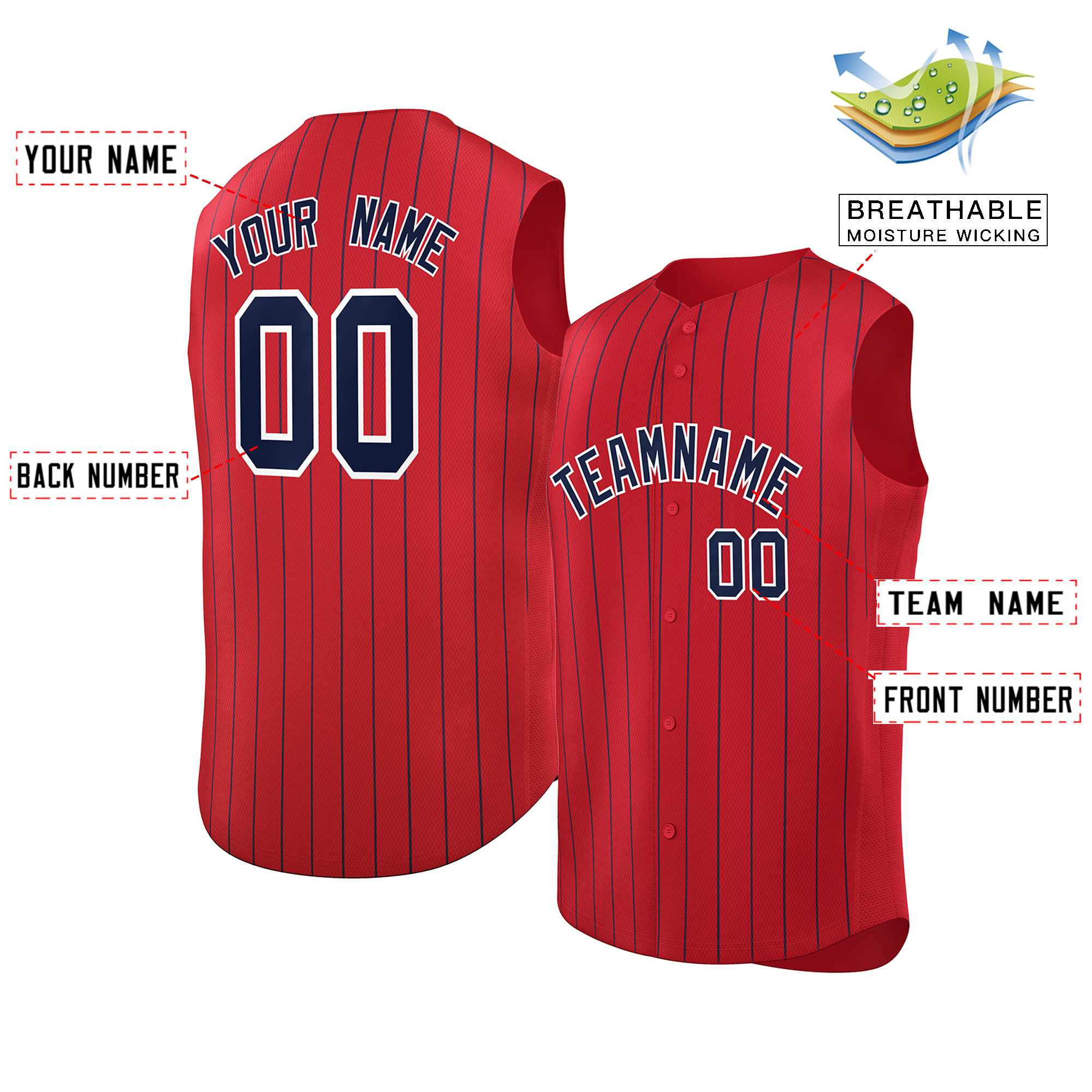 Custom Red Navy-White Sleeveless Stripe Fashion Baseball Jersey - Image 2