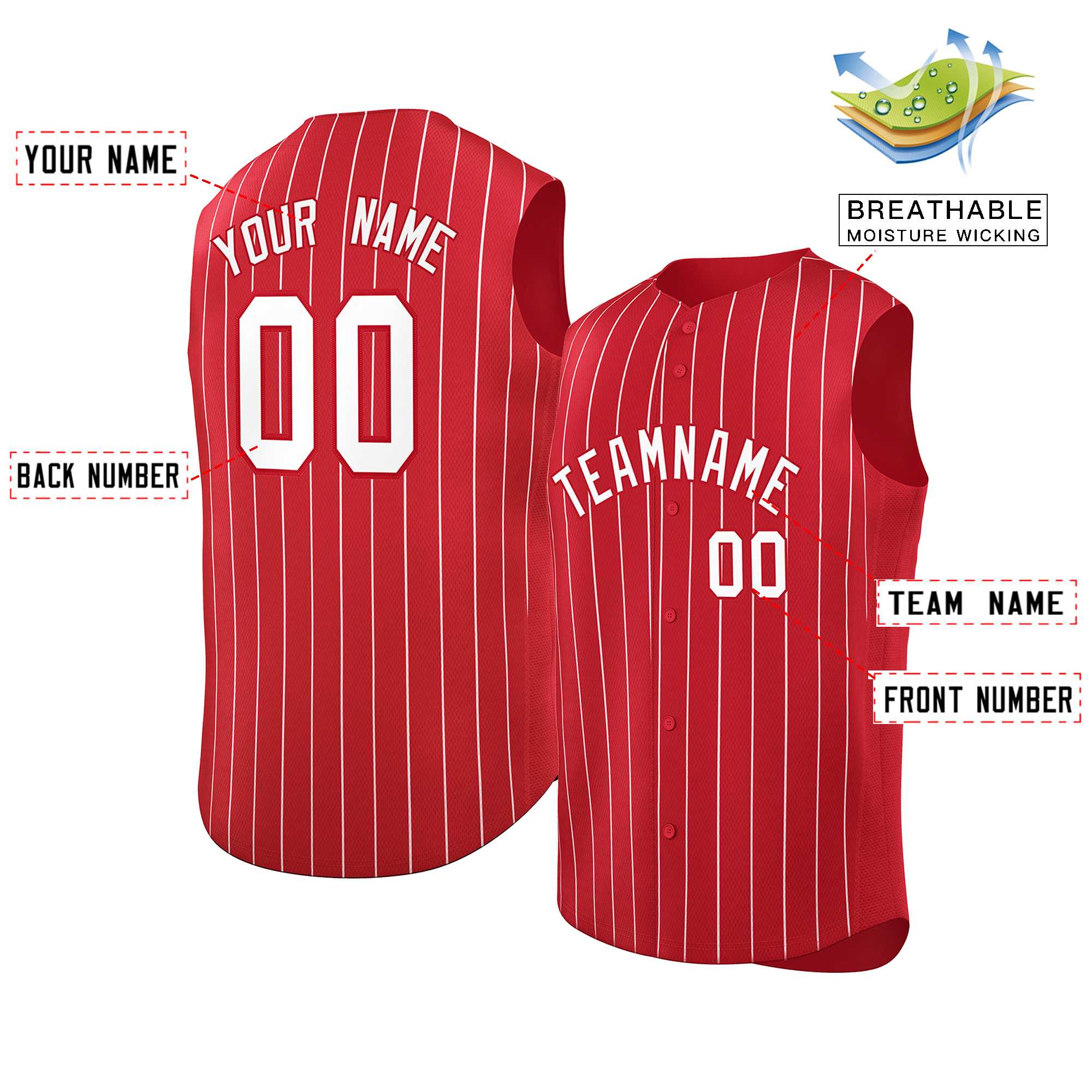 Custom Red White-Red Sleeveless Stripe Fashion Baseball Jersey - Image 2