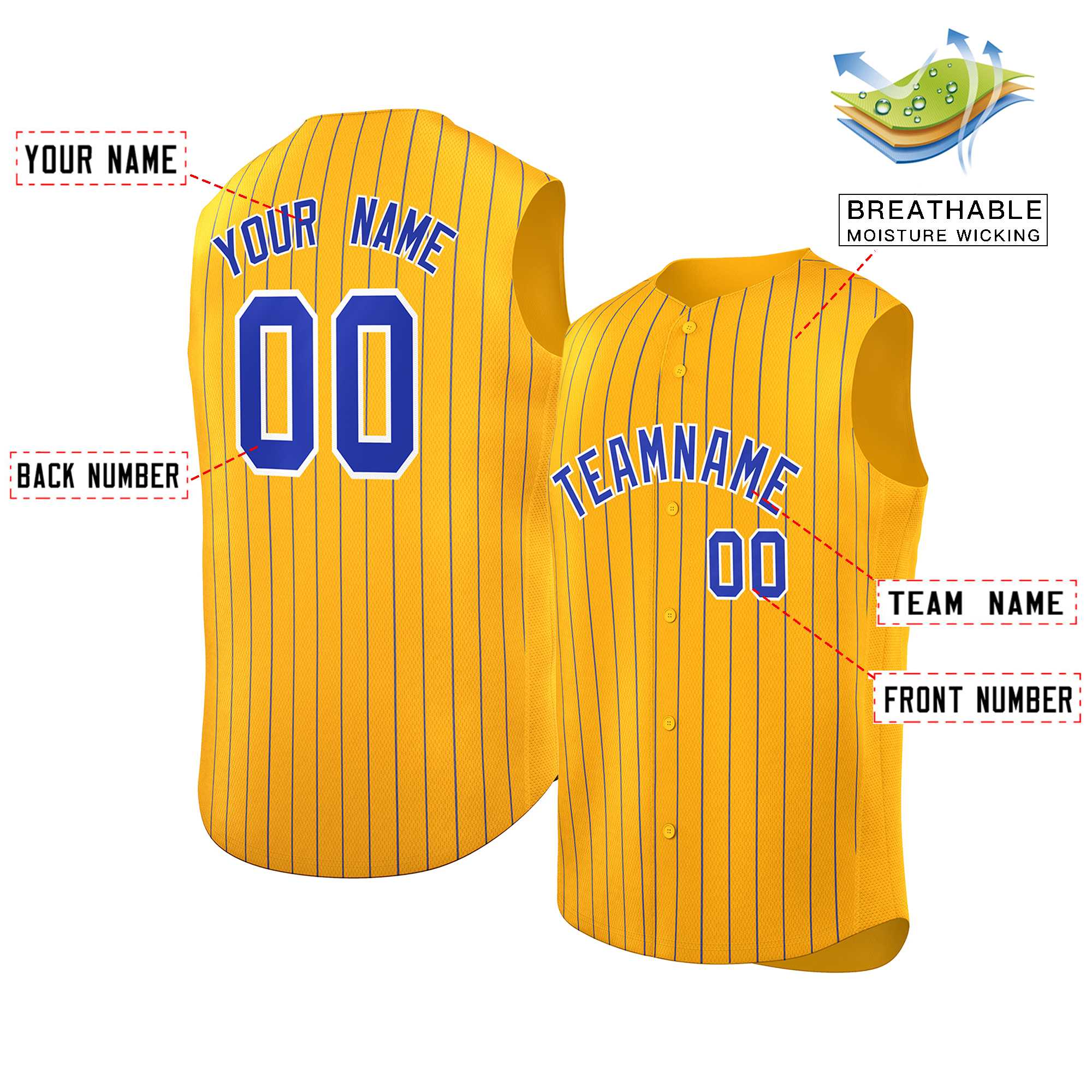 Custom Gold Royal-White Sleeveless Stripe Fashion Baseball Jersey - Image 2