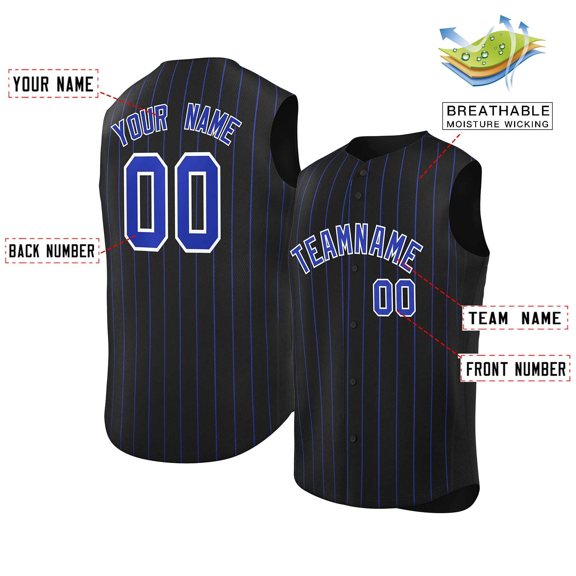 Custom Black Royal-White Sleeveless Stripe Fashion Baseball Jersey - Image 2