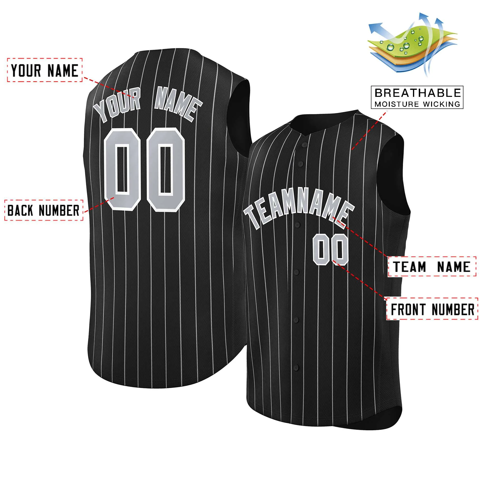 Custom Black Gray-White Sleeveless Stripe Fashion Baseball Jersey - Image 2