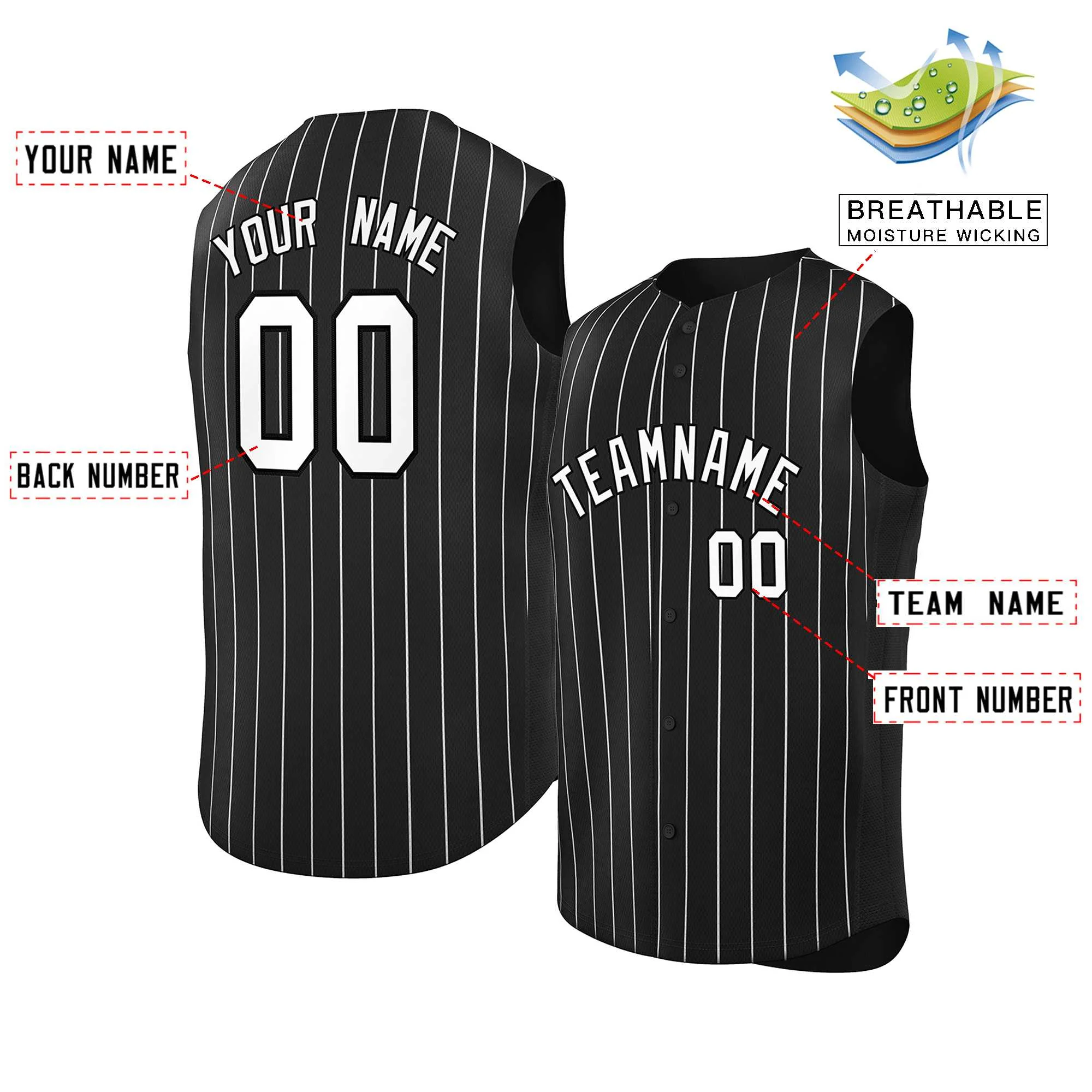 Custom Black White-Black Sleeveless Stripe Fashion Baseball Jersey - Image 2