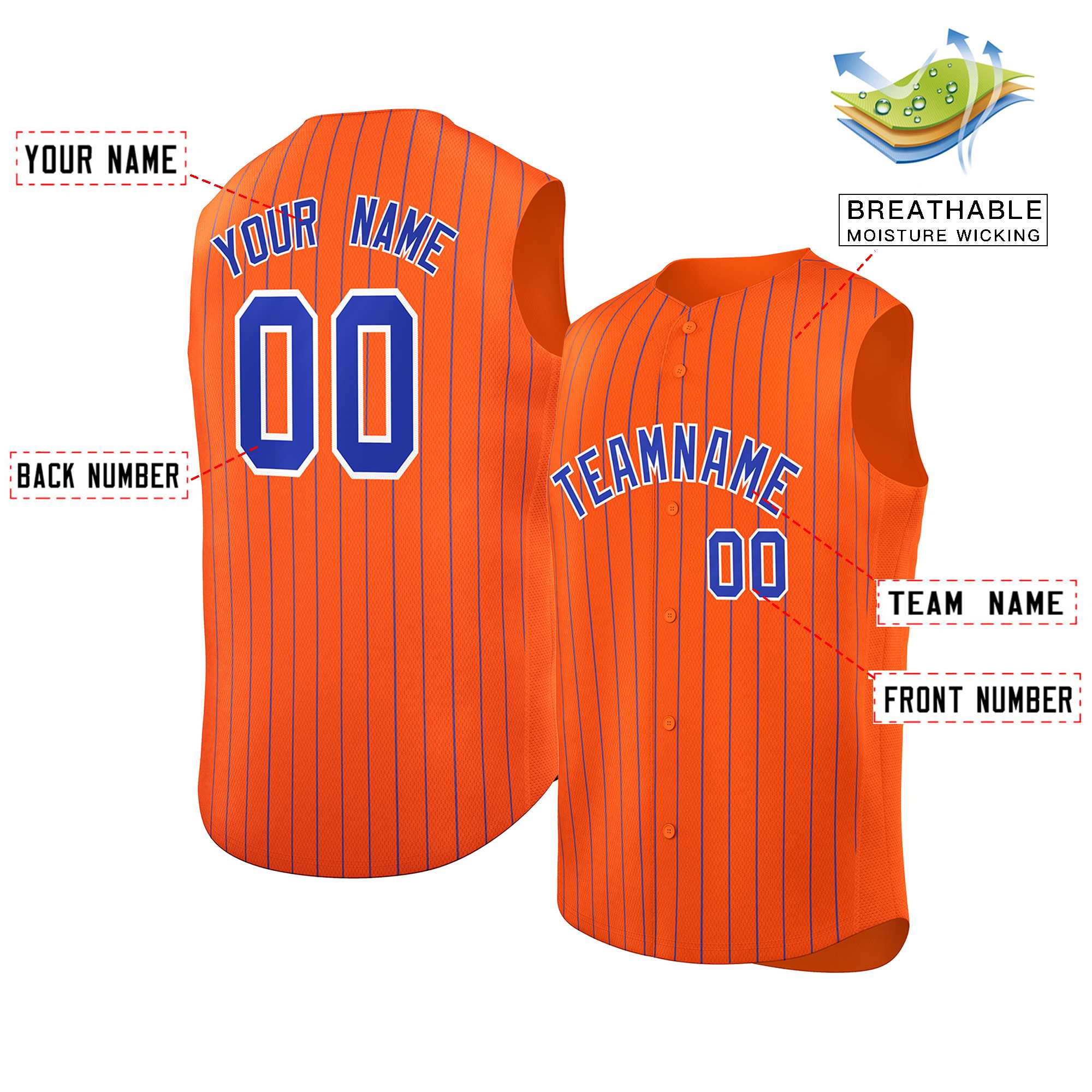 Custom Orange Royal-White Sleeveless Stripe Fashion Baseball Jersey - Image 2