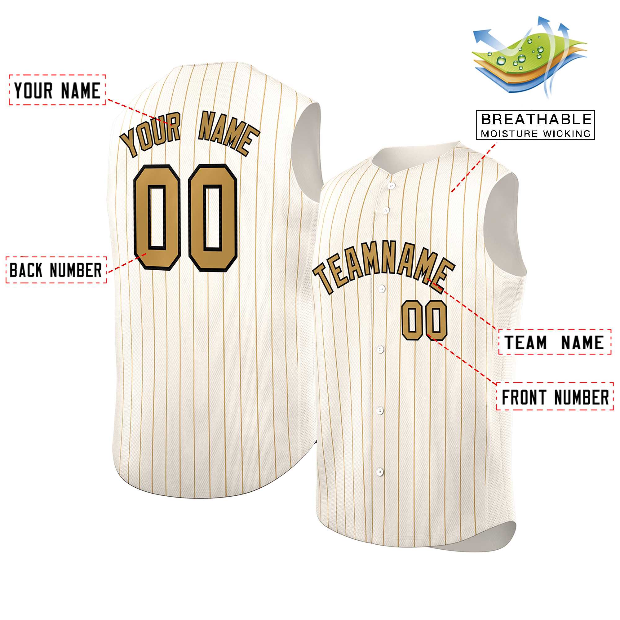 Custom Cream Old Gold-Black Sleeveless Stripe Fashion Baseball Jersey - Image 2