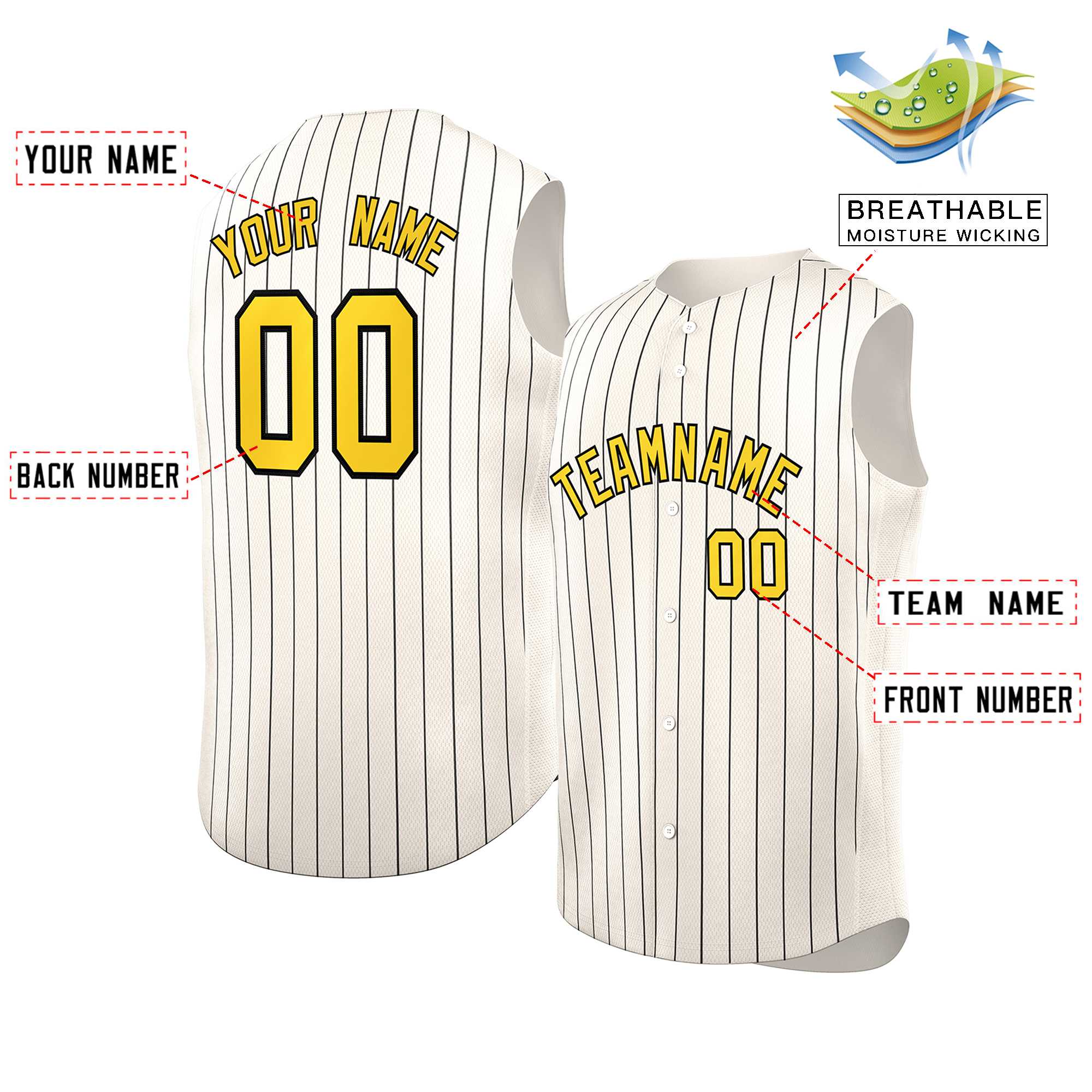 Custom Cream Gold-Black Sleeveless Stripe Fashion Baseball Jersey - Image 2