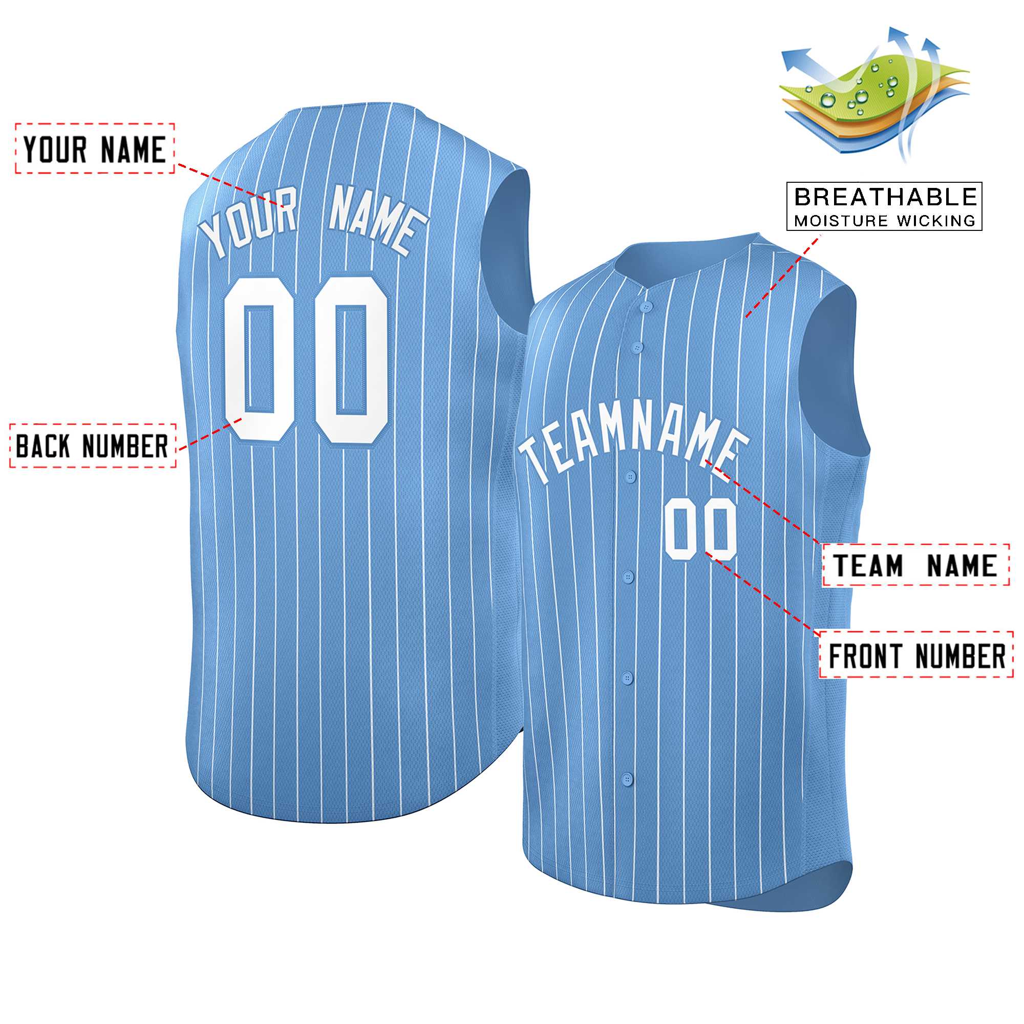 Custom Light Blue White-Light Blue Sleeveless Stripe Fashion Baseball Jersey - Image 2
