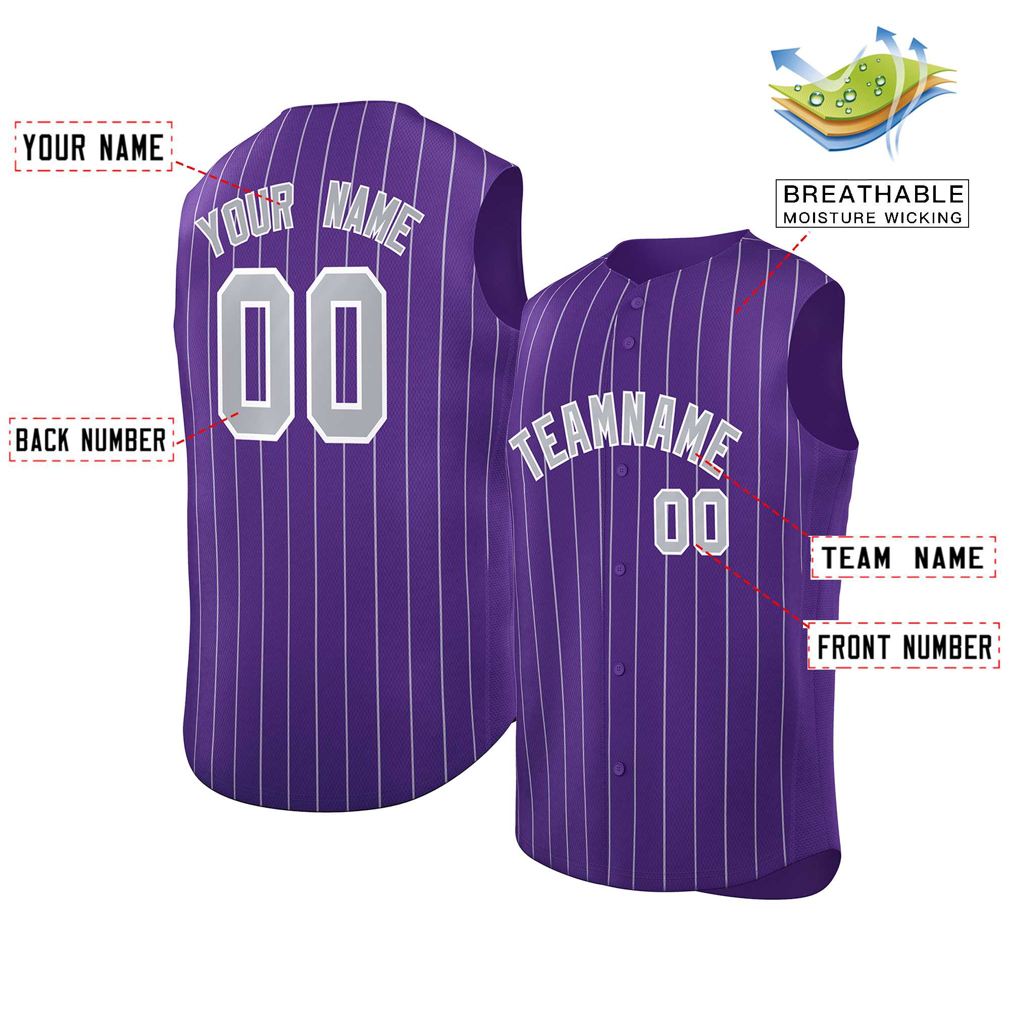 Custom Purple Gray-White Sleeveless Stripe Fashion Baseball Jersey - Image 2